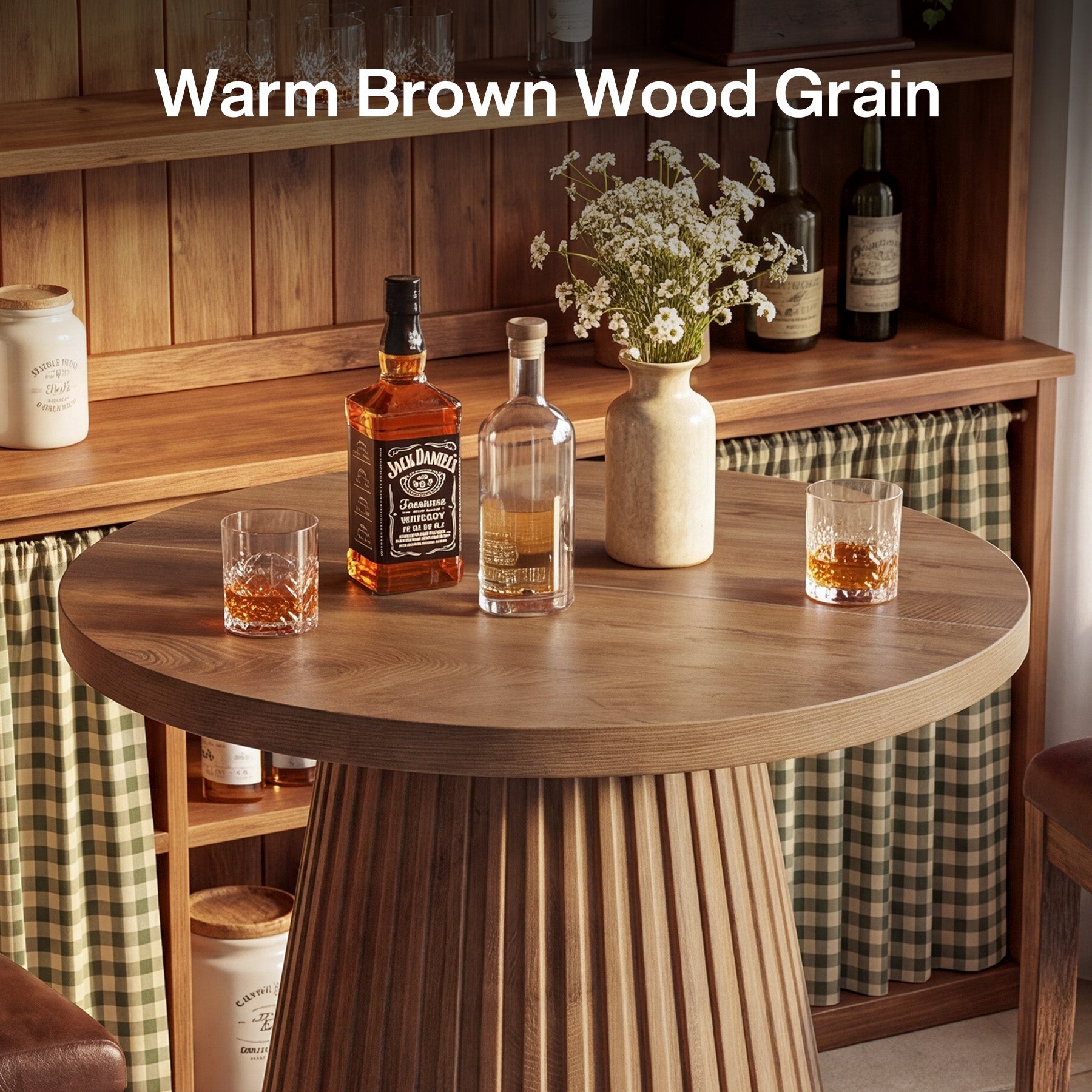Farmhouse Round Bistro Table, Rustic Fluted Wine Barrel Base, 35" Bar Height Pub Table