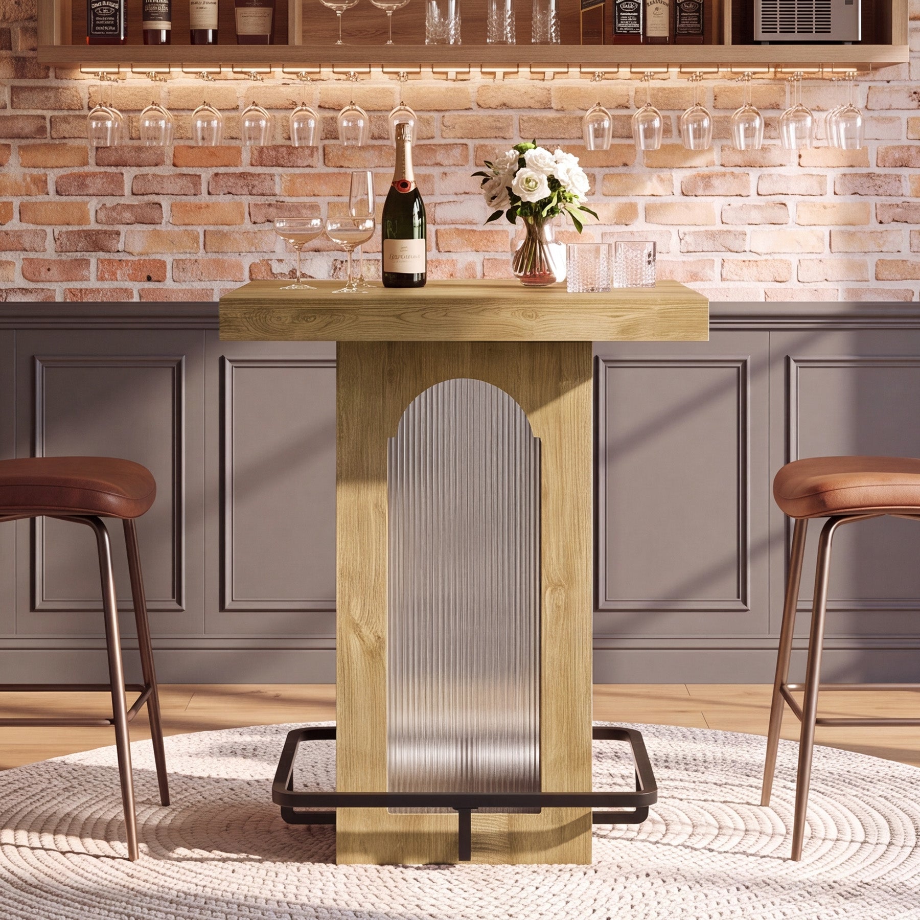 31.5" Square Bar Table, High Top Cocktail Pub Table with Led Lights for 2-4 People