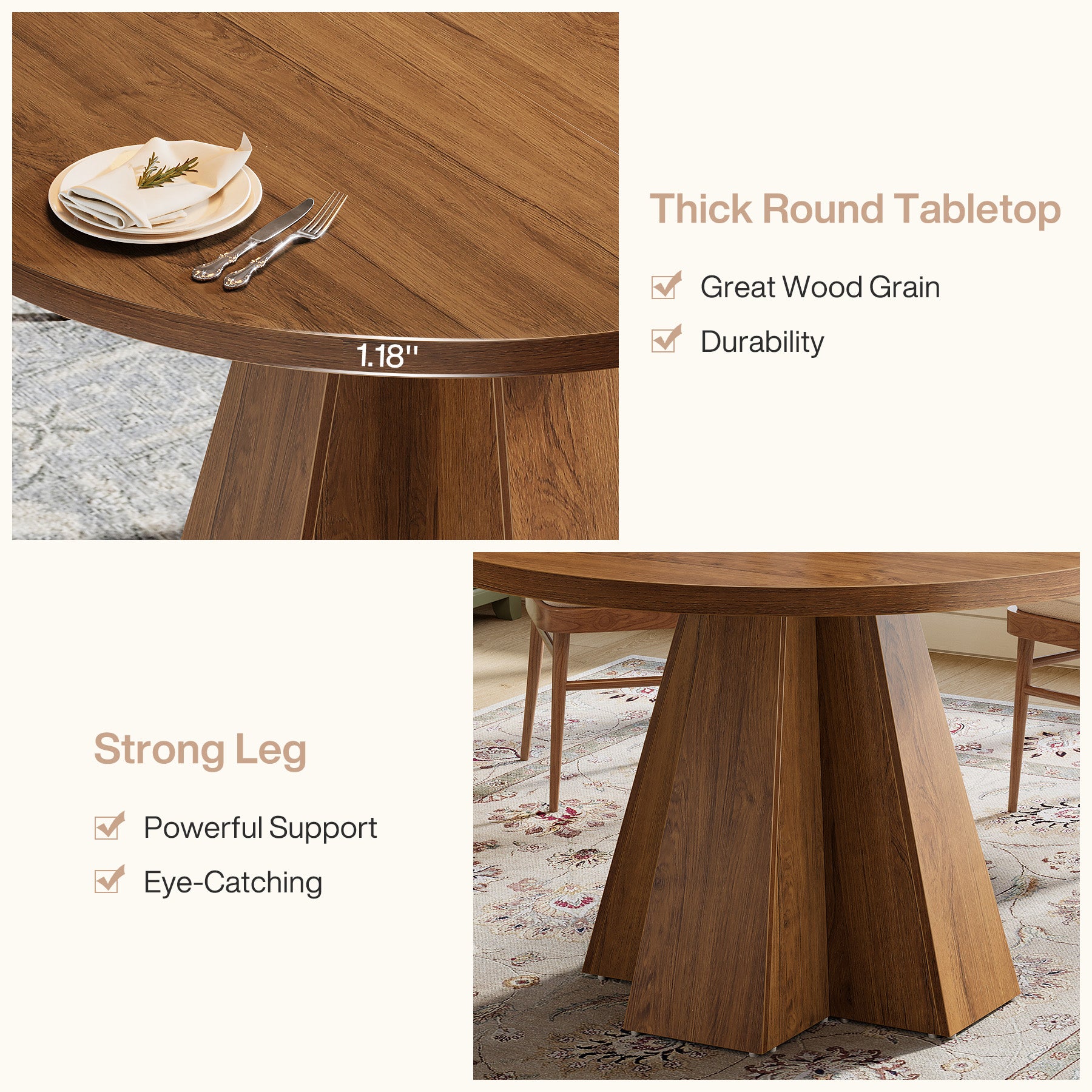 Round Dining Table for 4, Circle Kitchen Table with Pedestal Base