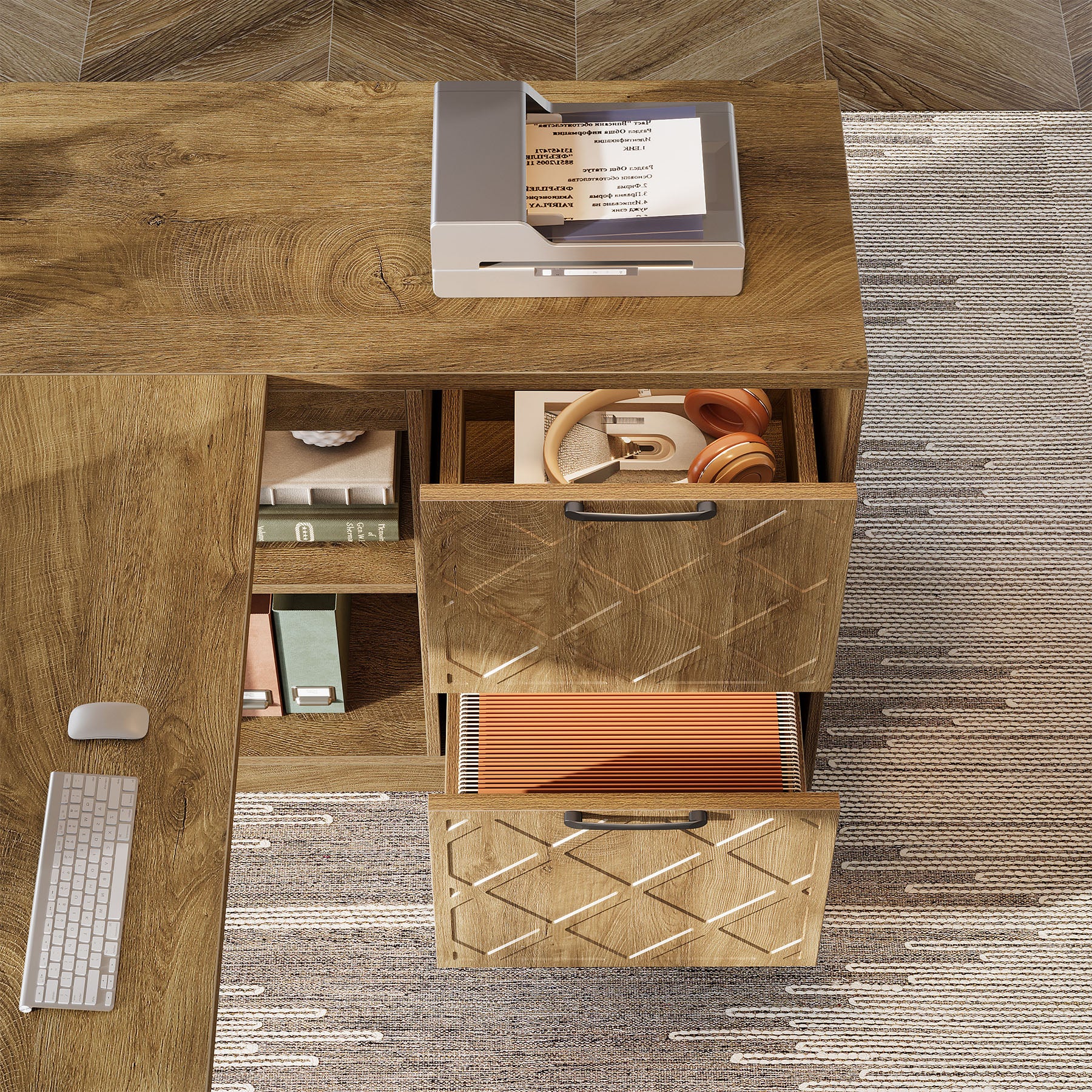 L-Shaped Executive Desk,  63" Office Desk with File Cabinets and Shelves