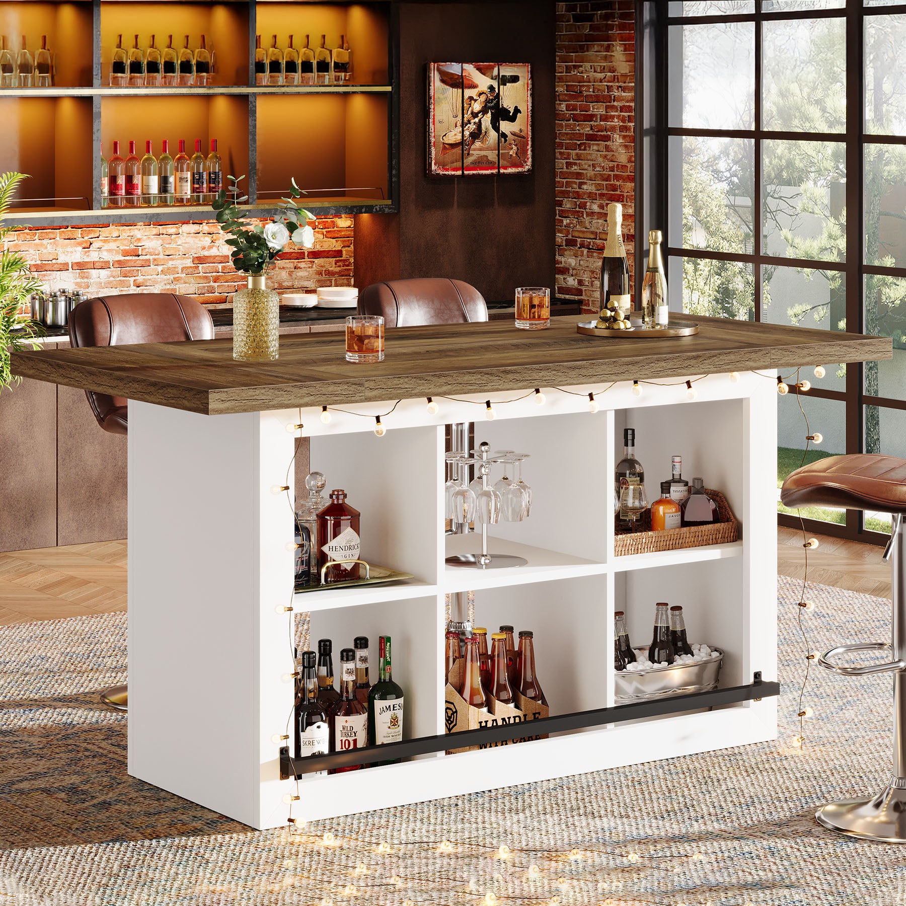 62.6" Bar Table, Rectangular Home Bar Cabinet Unit with 6 Spacious Cubbies