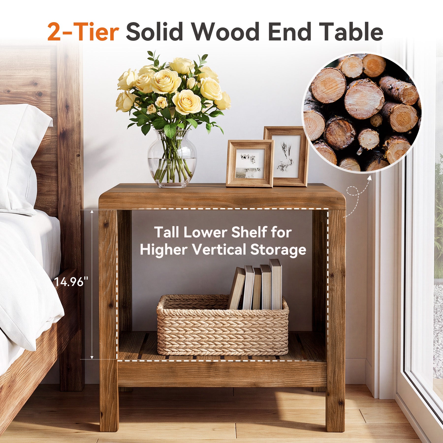 23.6" Solid Wood End Table, Narrow Sofa Side Table with Slatted Shelf