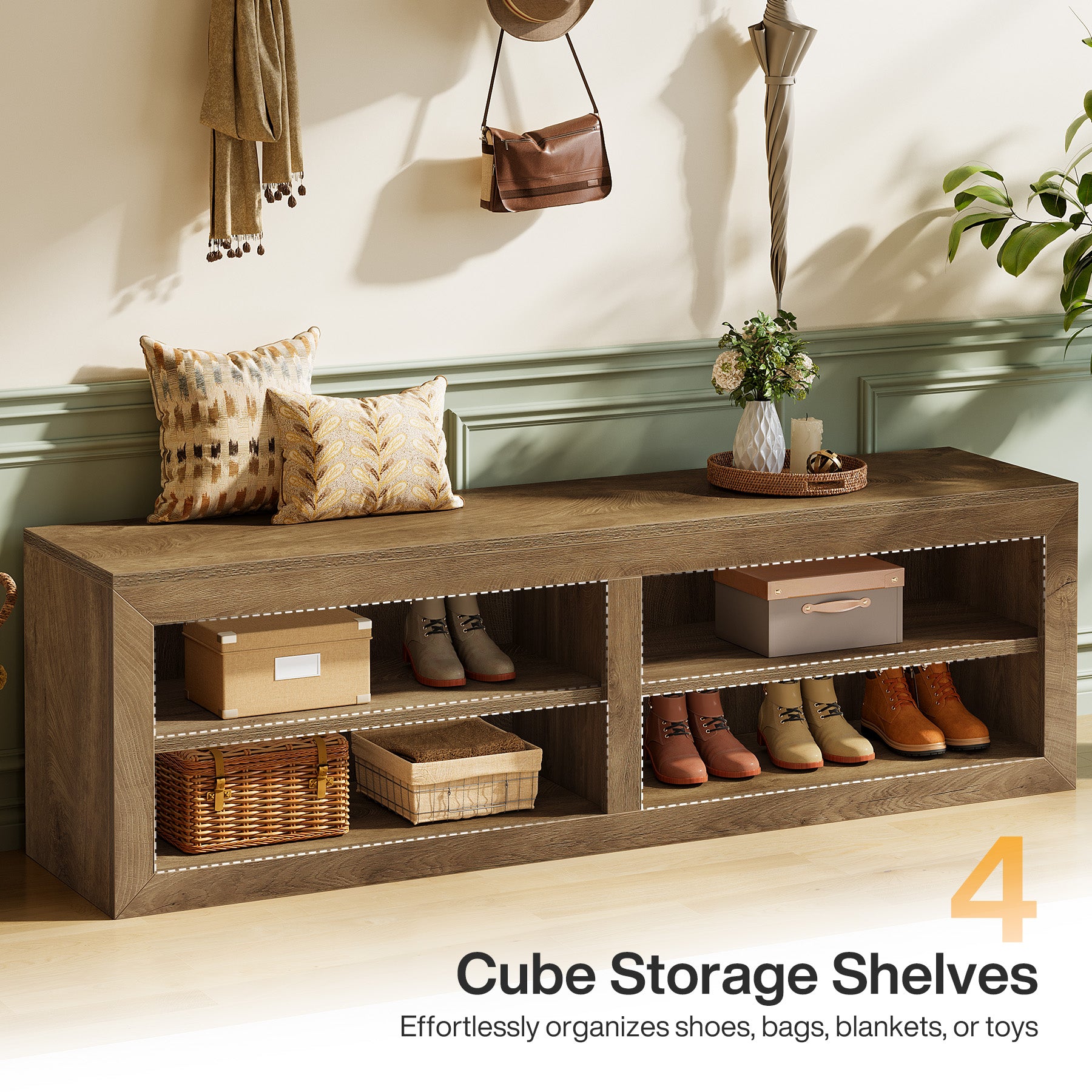 55" Entryway Shoe Bench, Farmhouse Storage Bench with 4 Cube Compartments