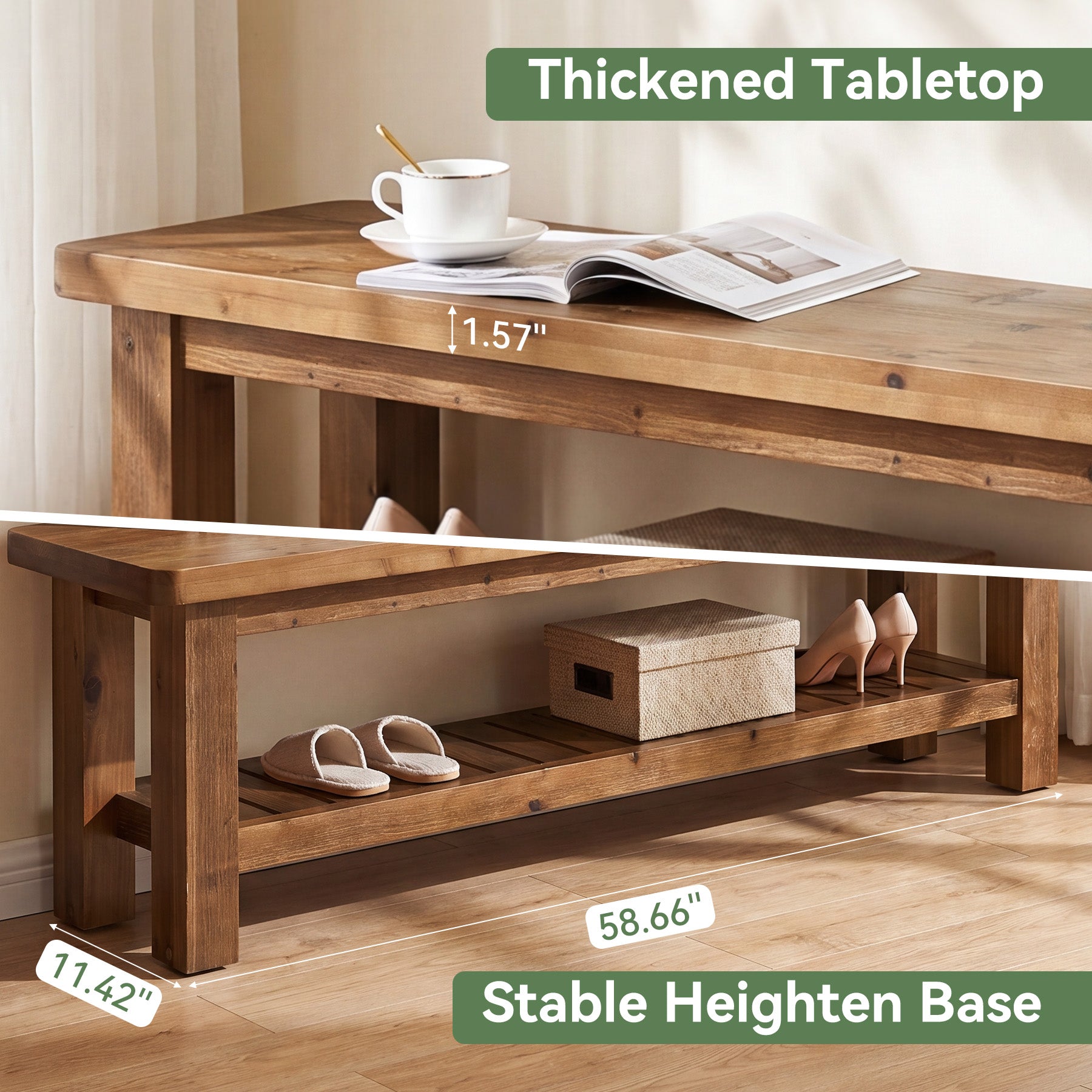 63" Solid Wood Entryway Bench with Storage, 2-Tier Farmhouse Shoe Bench for Hallway