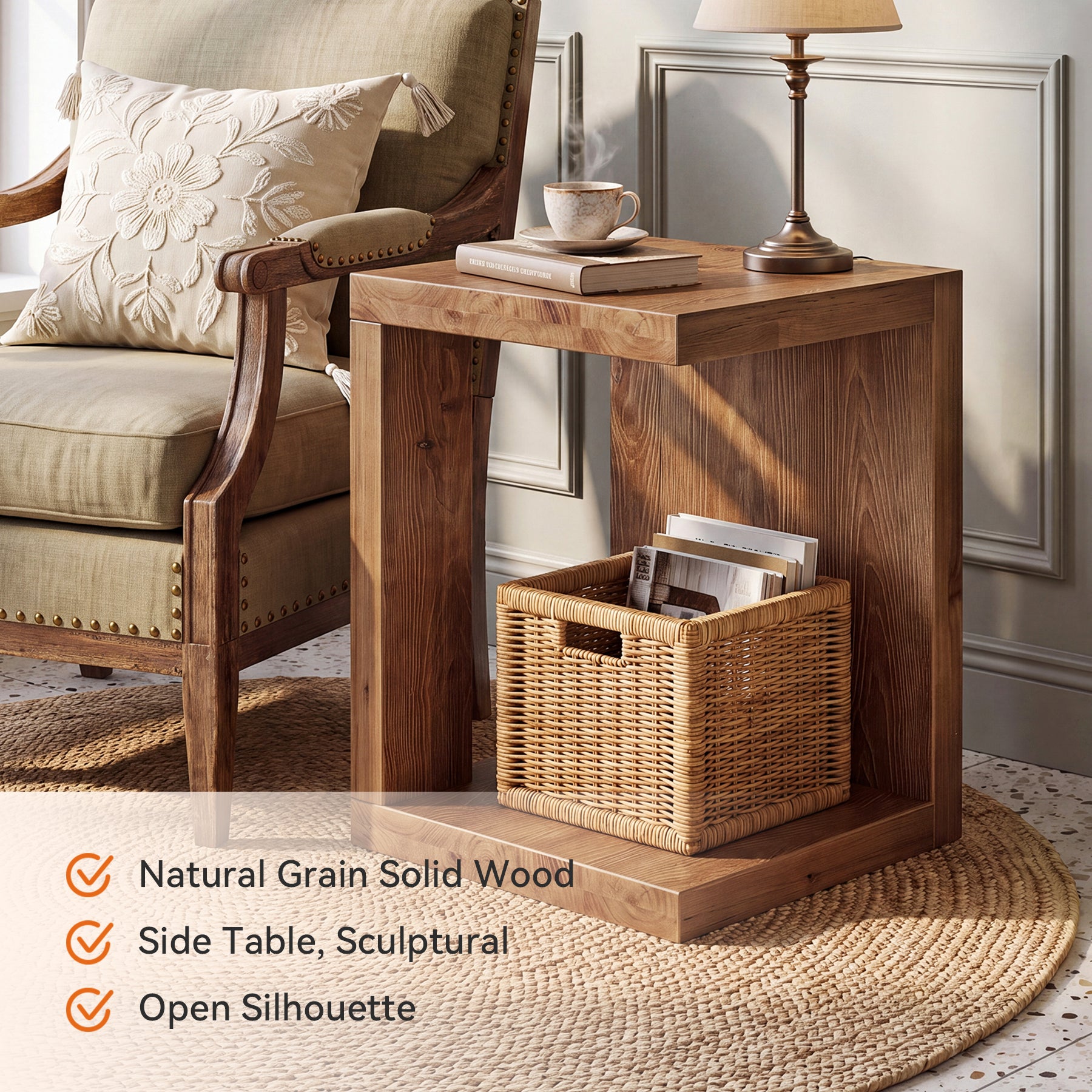 Solid Wood End Table, 2-Tier Side Table with Hollow-Frame for Living Room, Bedroom