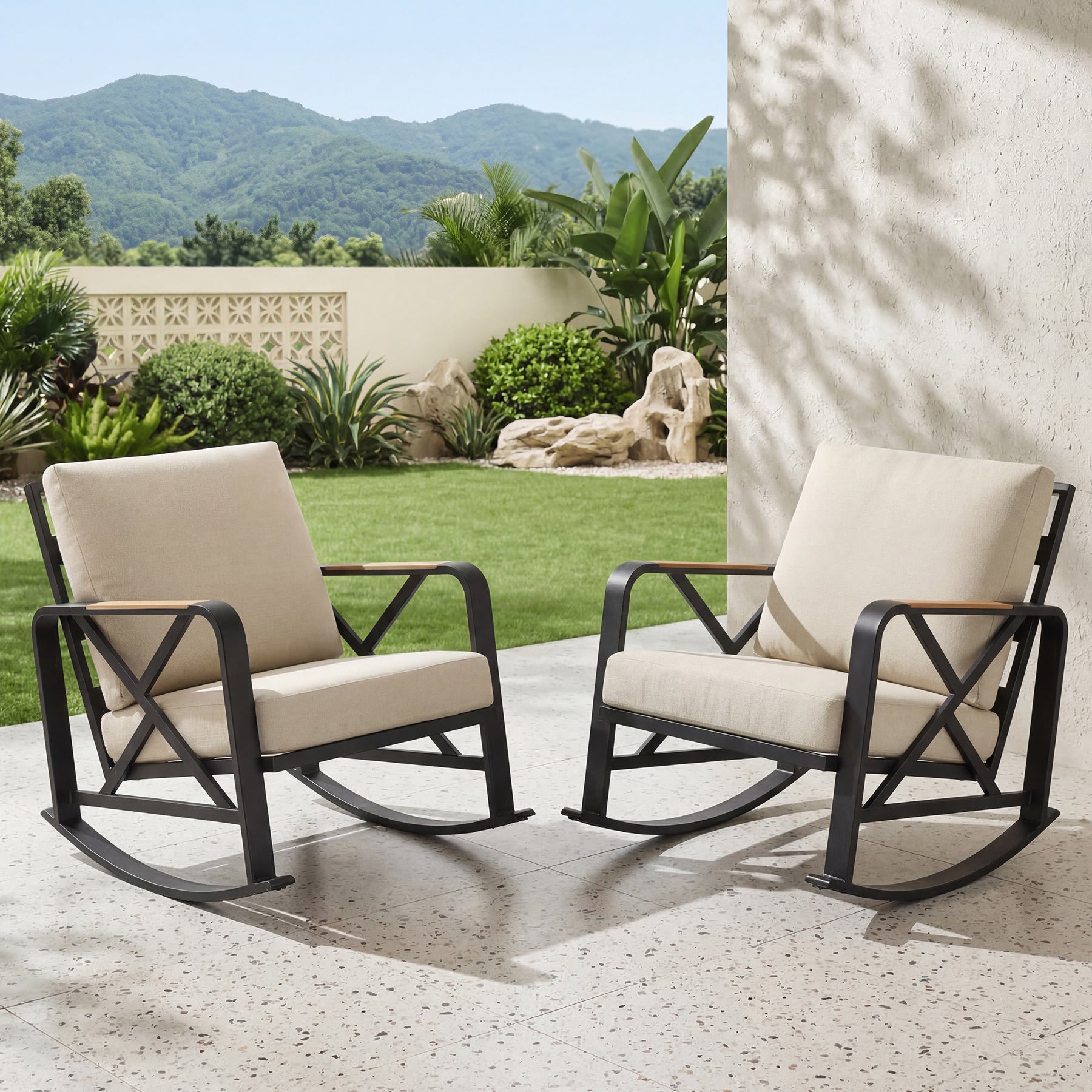 Outdoor Rocking Chair, Patio Seating Waterproof Rocker with Thick Cushion