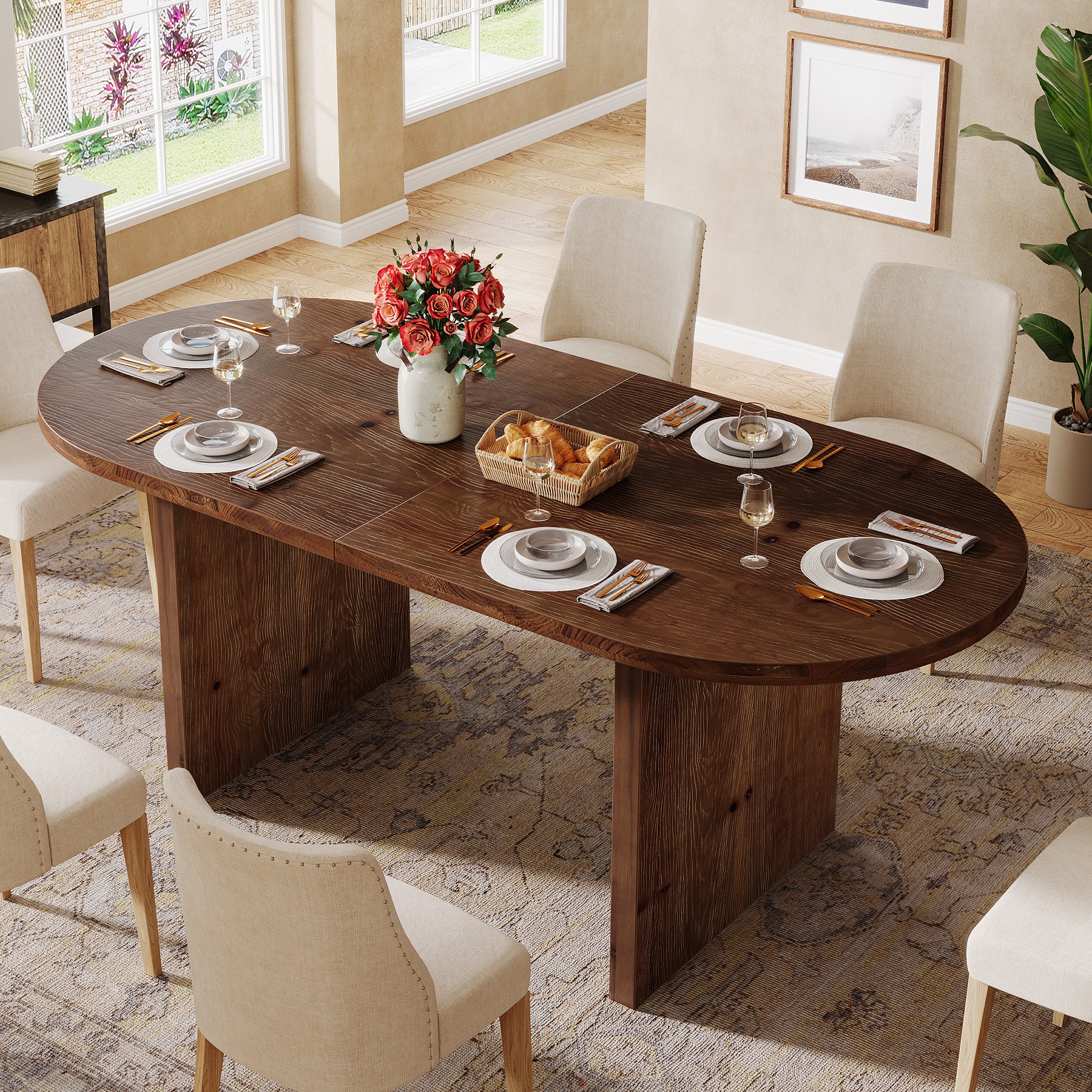 Solid Wood Dining Table, 63" Oval  Kitchen Dinner Table for 4-6