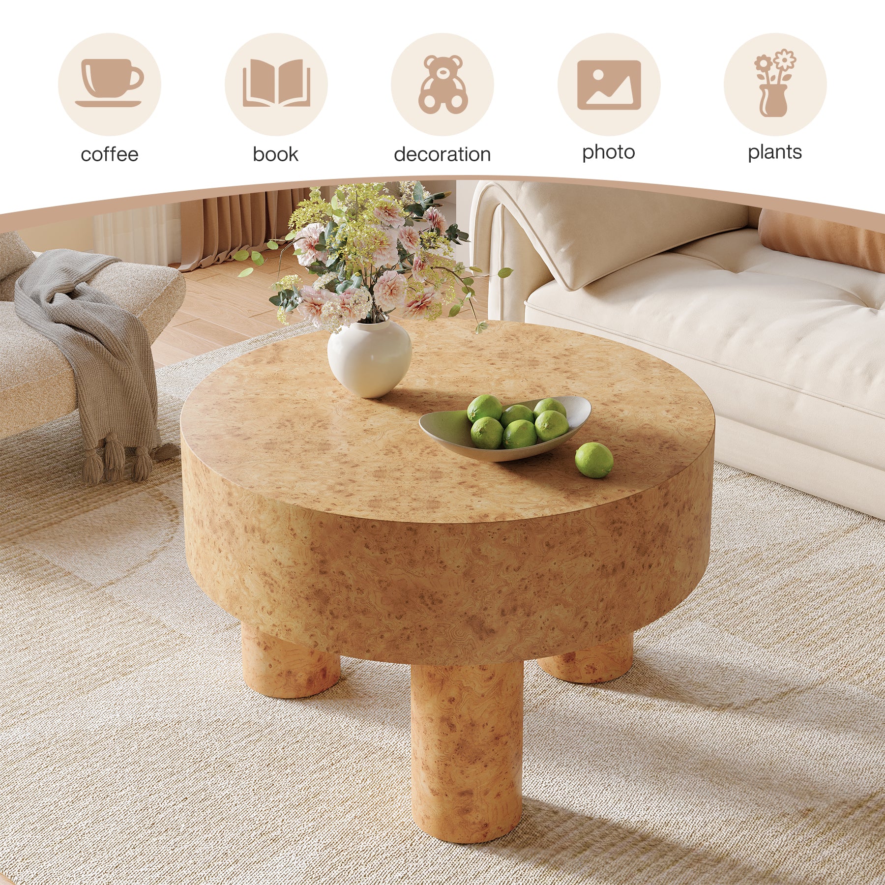 31.5" Round Coffee Table, Modern Circle Center Tea Table with Burl Texture