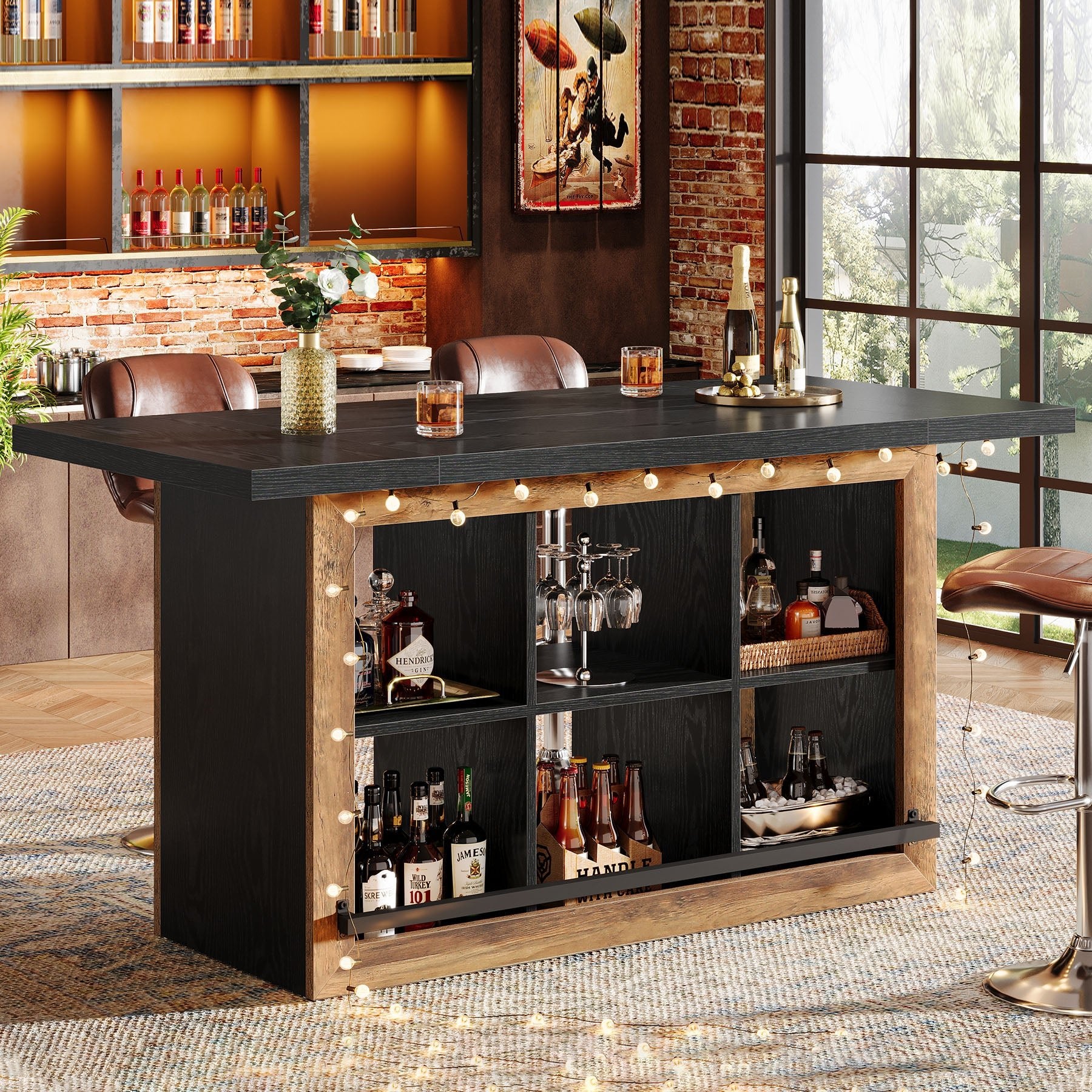 62.6" Bar Table, Rectangular Home Bar Cabinet Unit with 6 Spacious Cubbies