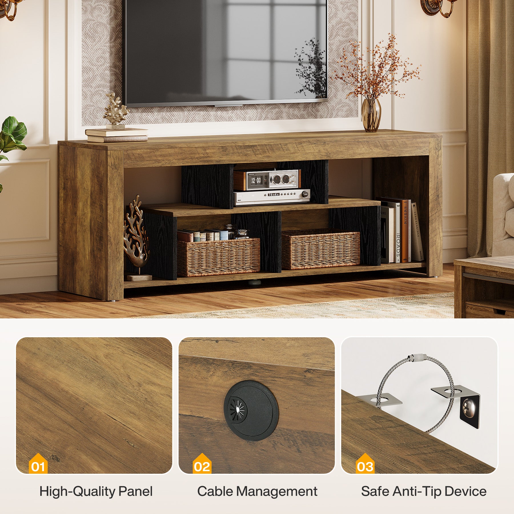 63-Inch TV Stand for 65–75 Inch TV, Rustic Wooden Media Console with Storage Shelves