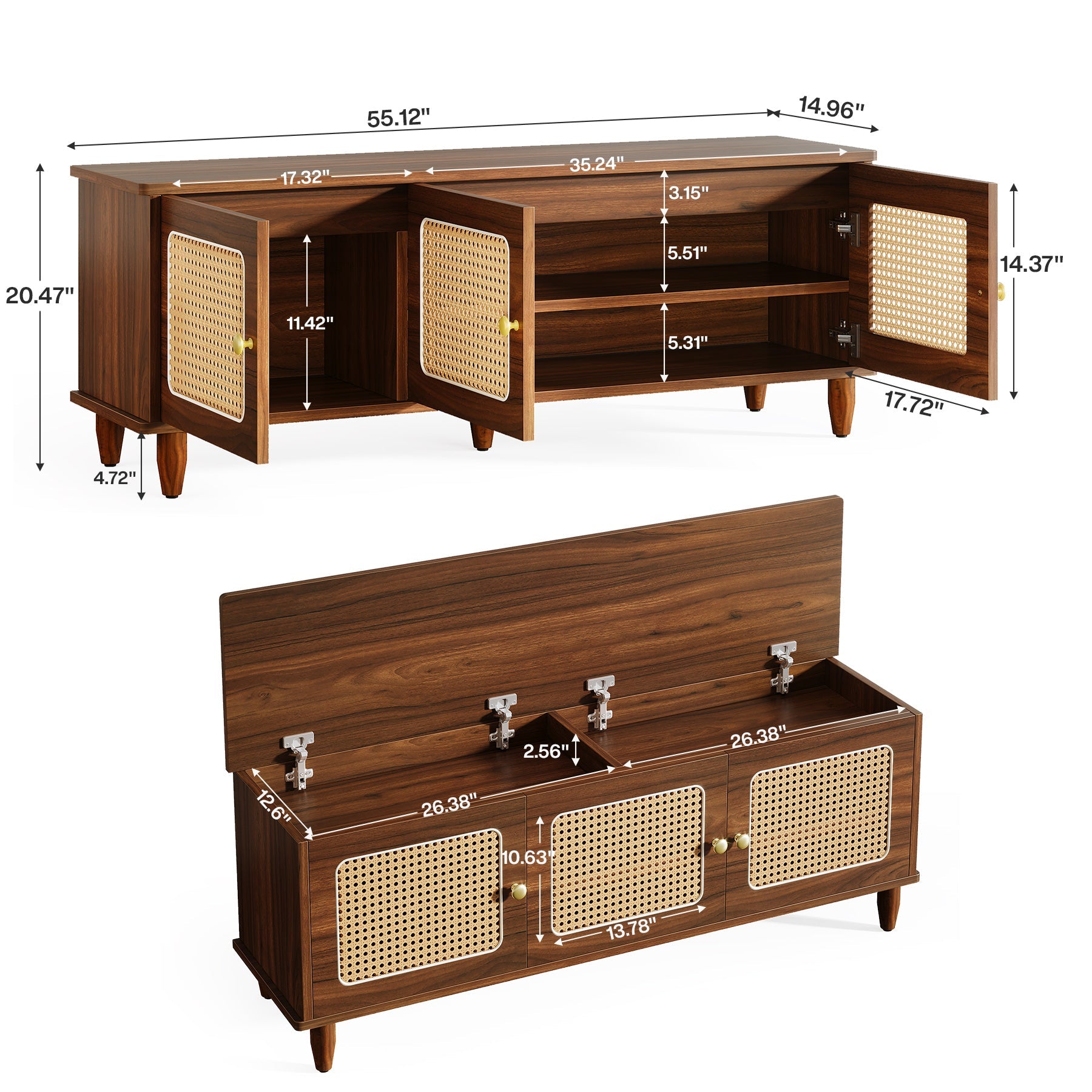 55" Storage Bench, 2-Tier Shoe Bench with Lift Top Storage