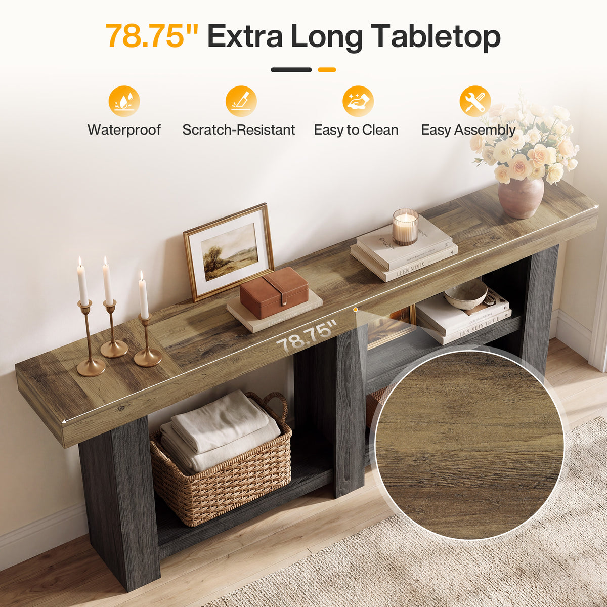 78.75" Console Table, Farmhouse Entryway Sofa Table with Muti-tier Open Shelf