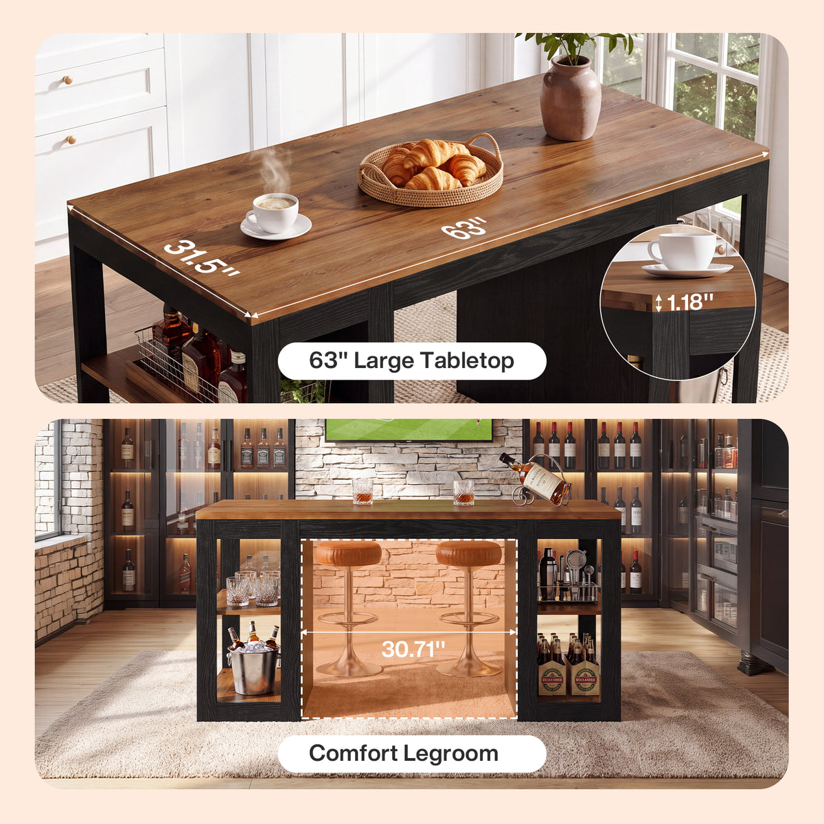 63" Solid Wood Counter Height Bar Table with 2-Tier Storage & Thick Top