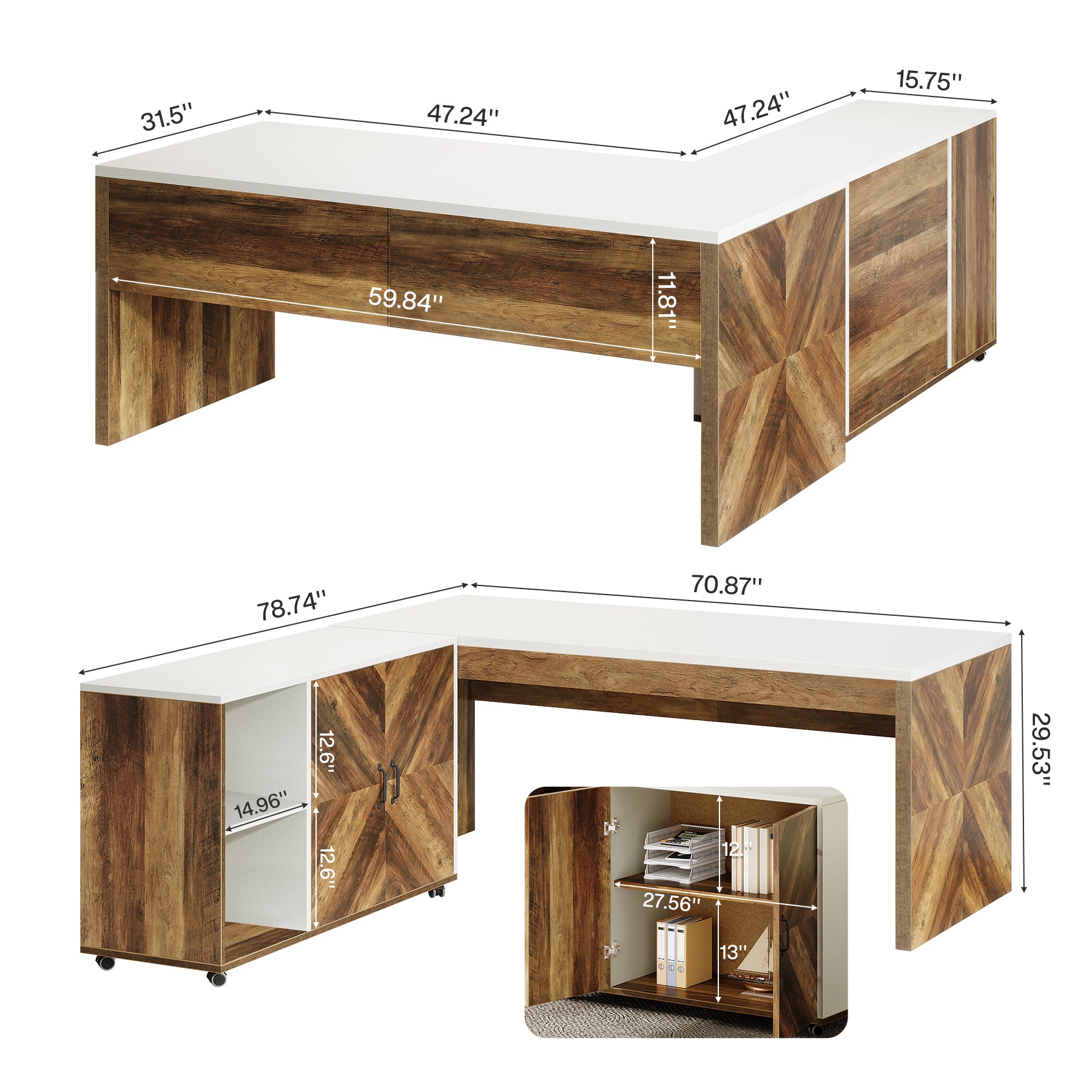 63" L-Shaped Desk, Modern Executive Office Desk with Mobile File Cabinet