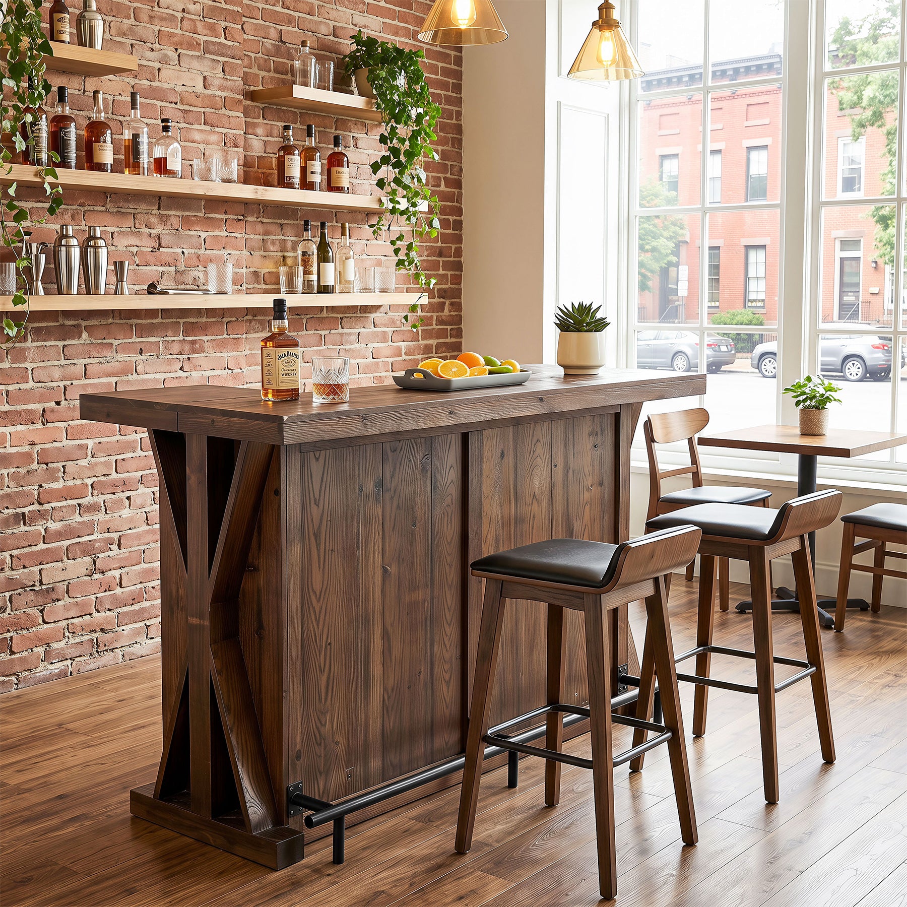59" Home Bar Unit with Storage Shelves & Foot Rail, Farmhouse Solid Wood 3-Tier Bar Cabinet