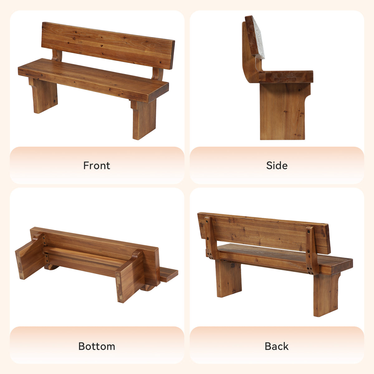 55" Solid Wood Dining Bench with Backrest, Kitchen Bench for Breakfast Nook