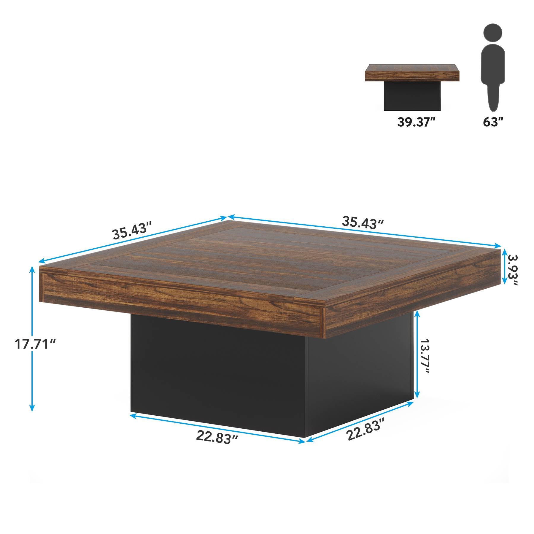 Square Coffee Table, Farmhouse Wood Cocktail Table with LED Light