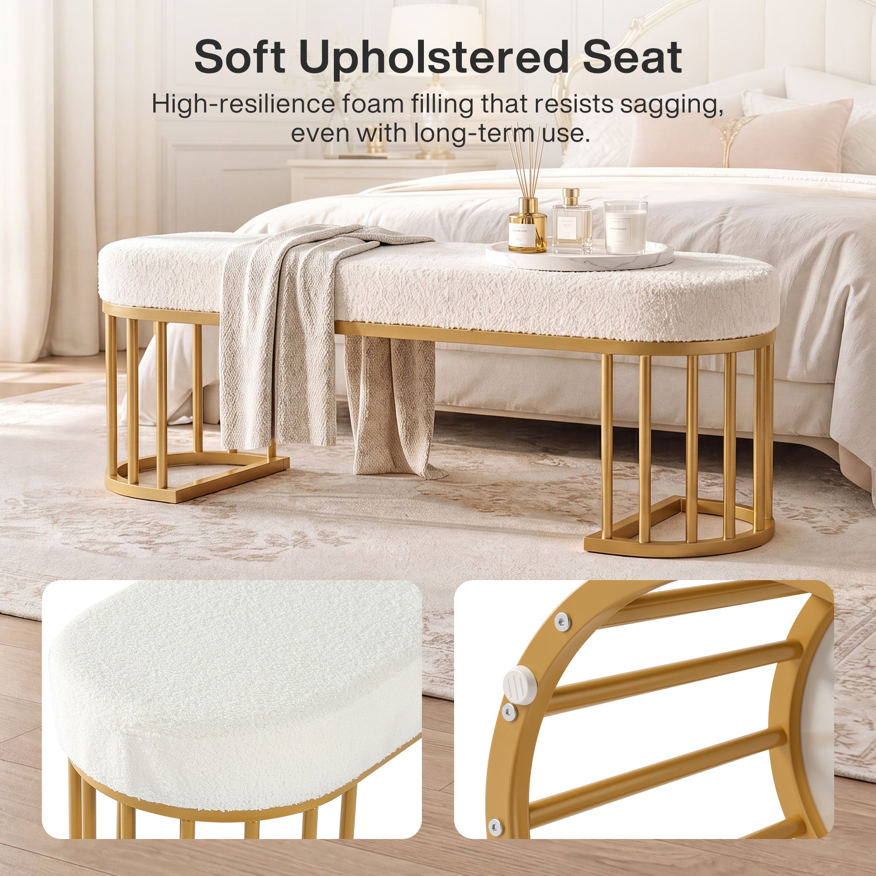 47.24" Upholstered Shoe Bench, Modern Entryway Bench with Sherpa Fabric Seat and Metal Frame