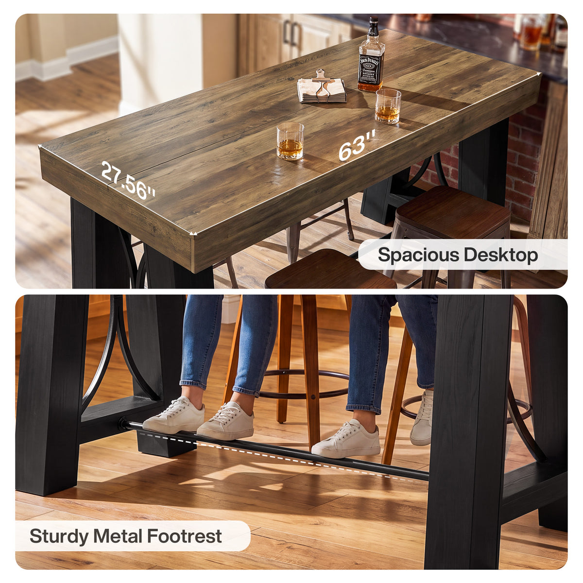 63" Farmhouse Counter Height Table with Footrest, Rectangular High Top Home Bar Kitchen