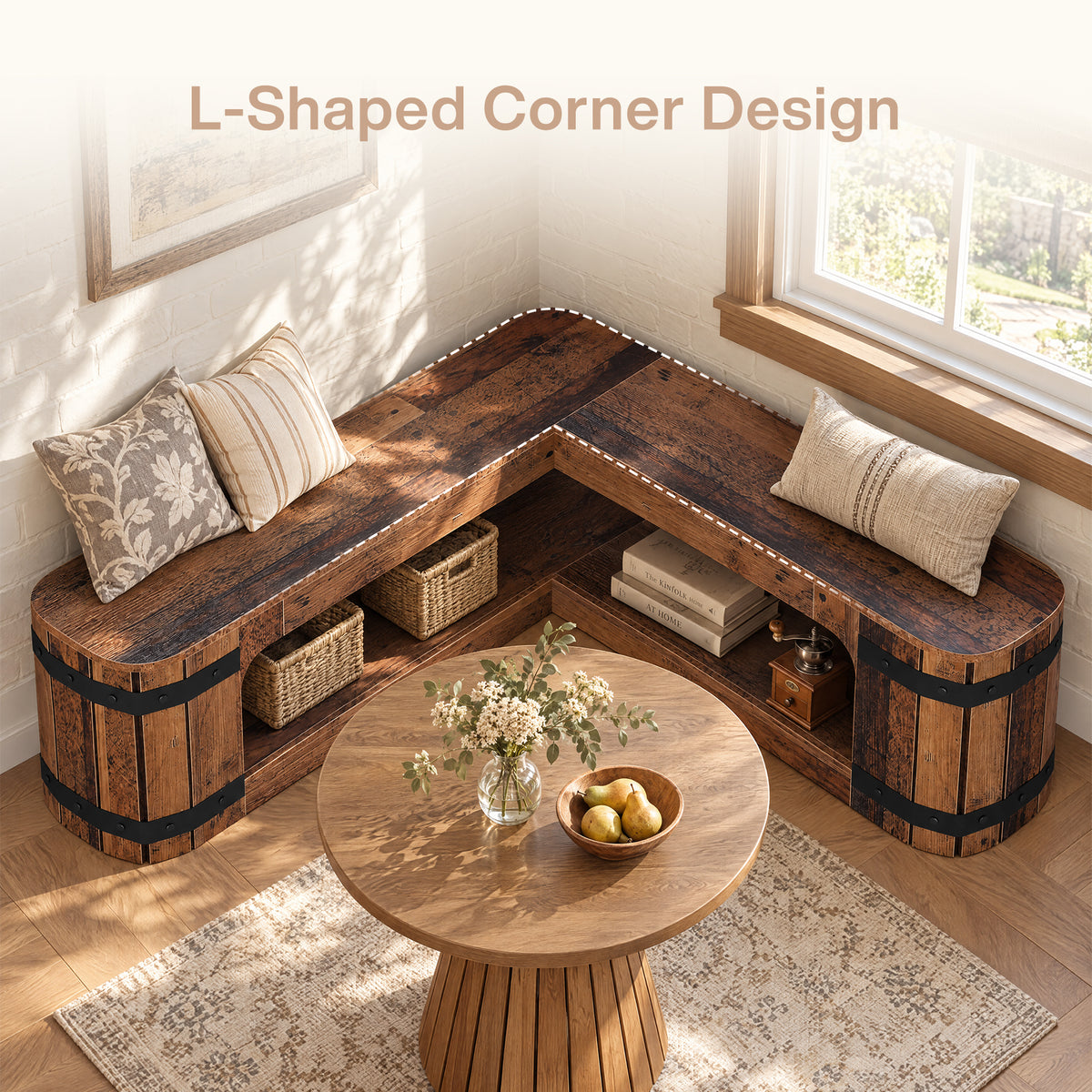 47" L-Shaped Solid Wood Shoe Storage Bench, Corner Entryway Shoe Organizer