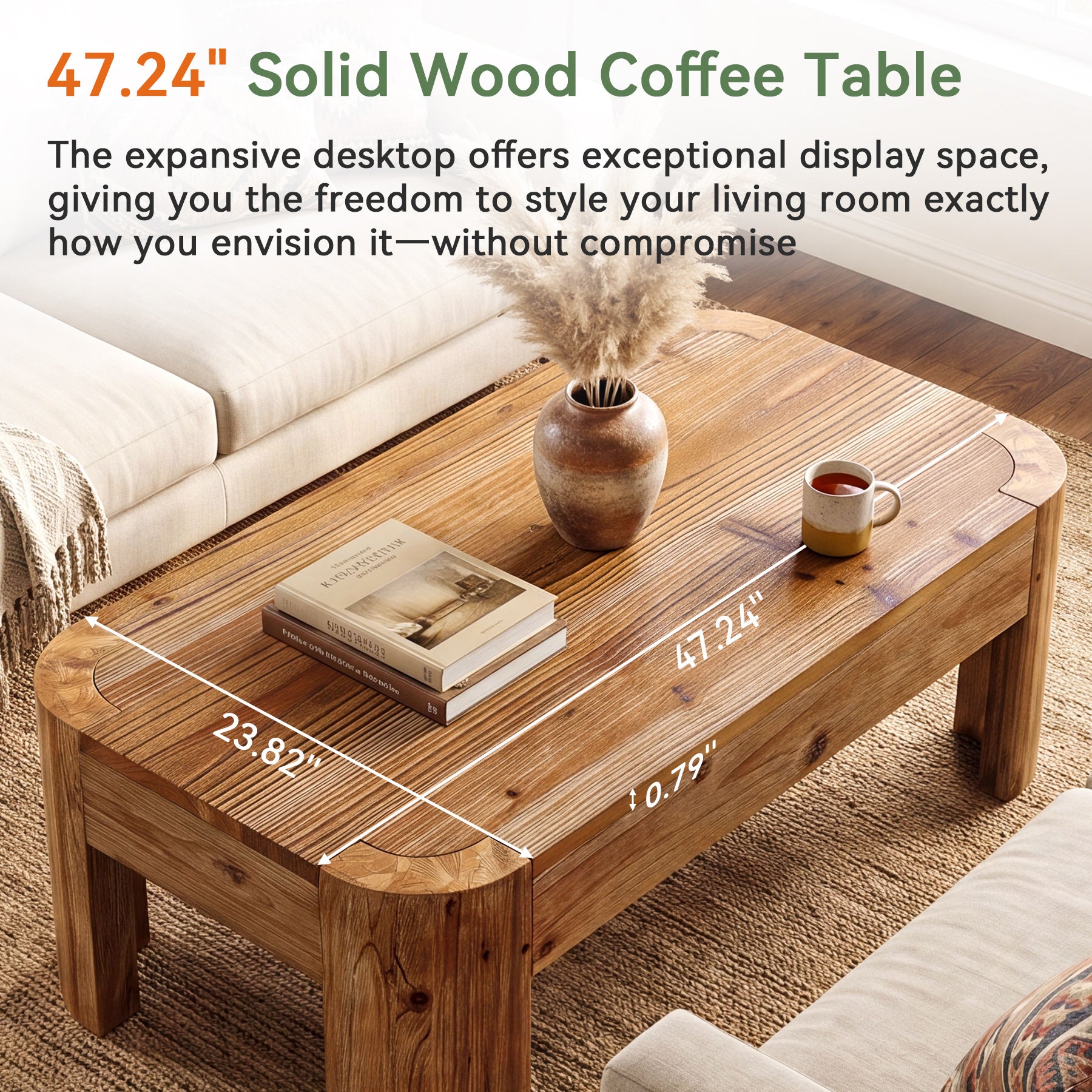 47.24" Solid Wood Coffee Table, Rectangular Center Table with Rounded Corners for Living Room