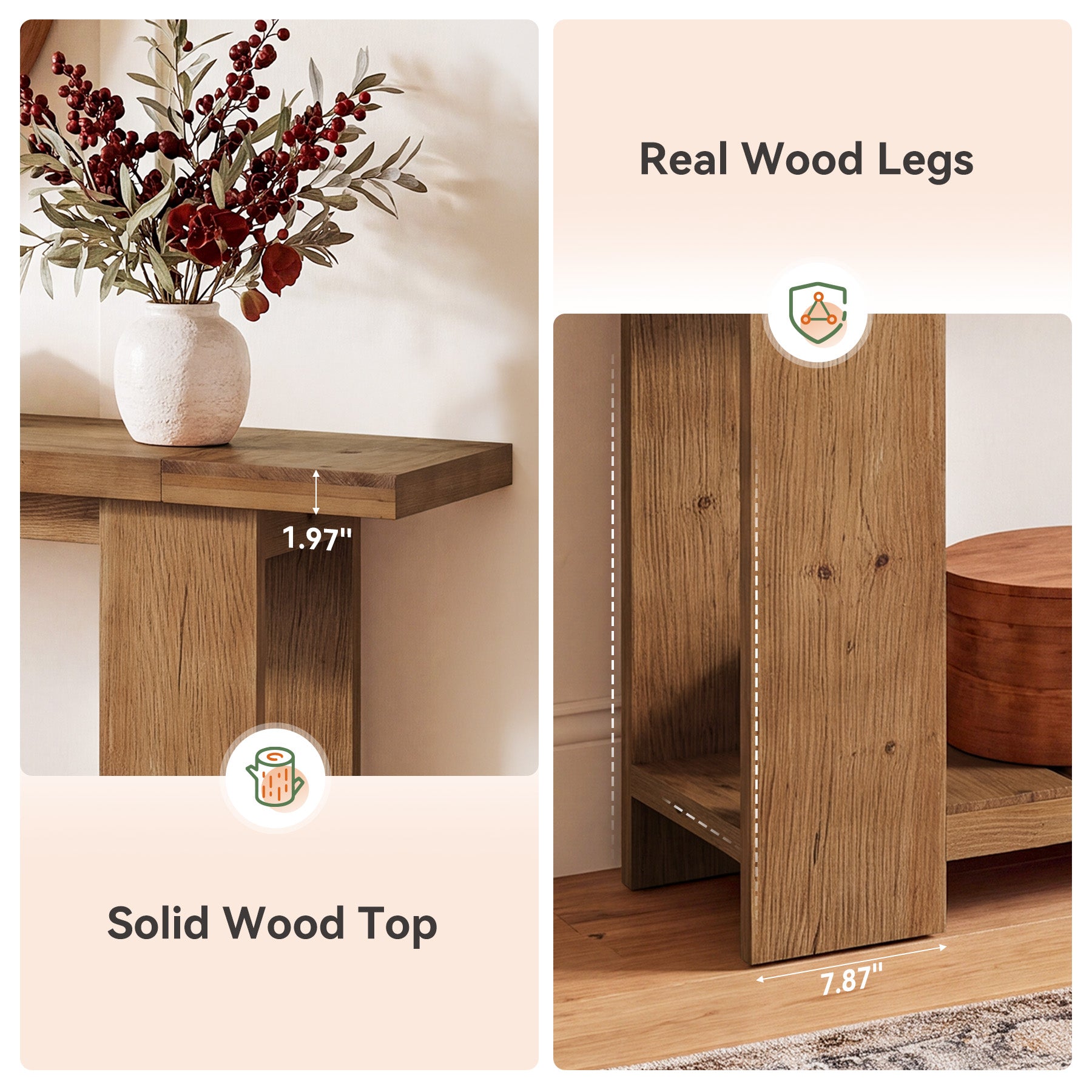 79" Solid Wood Console Table, Farmhouse Sofa Entryway Table with 2-Tier Storage