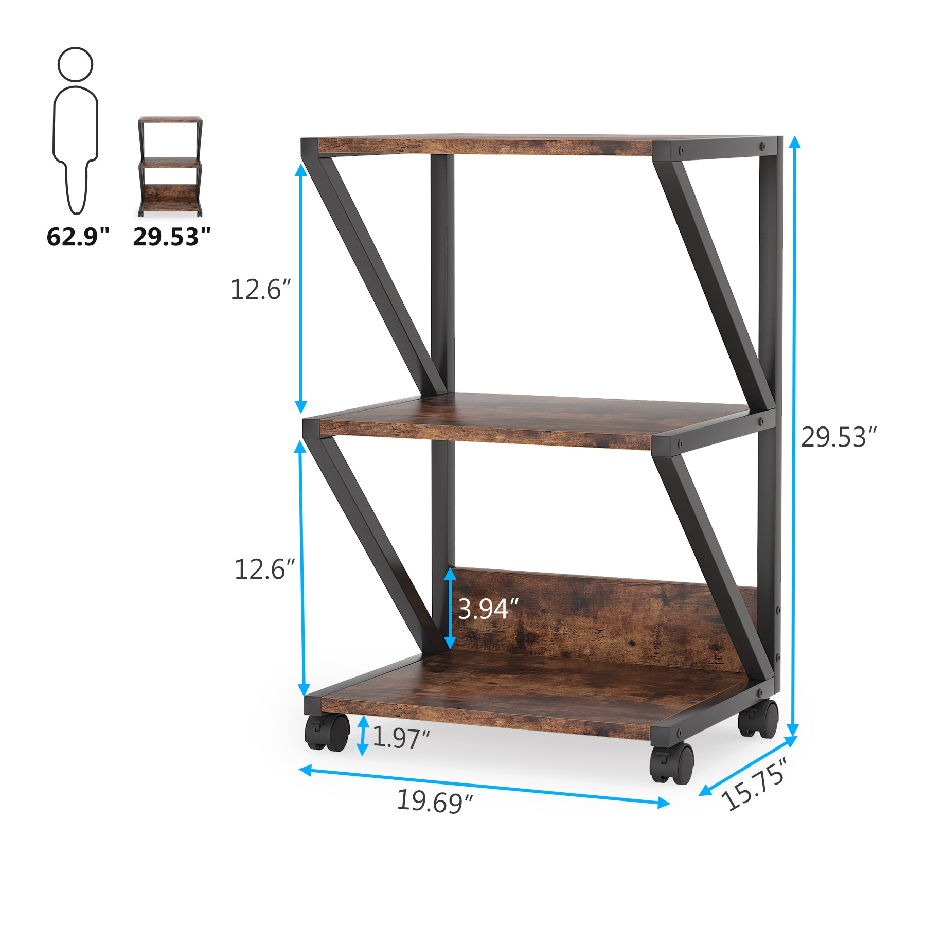 3-Tier Printer Stand, Rolling Printer Cart Under Desk Storage Shelf