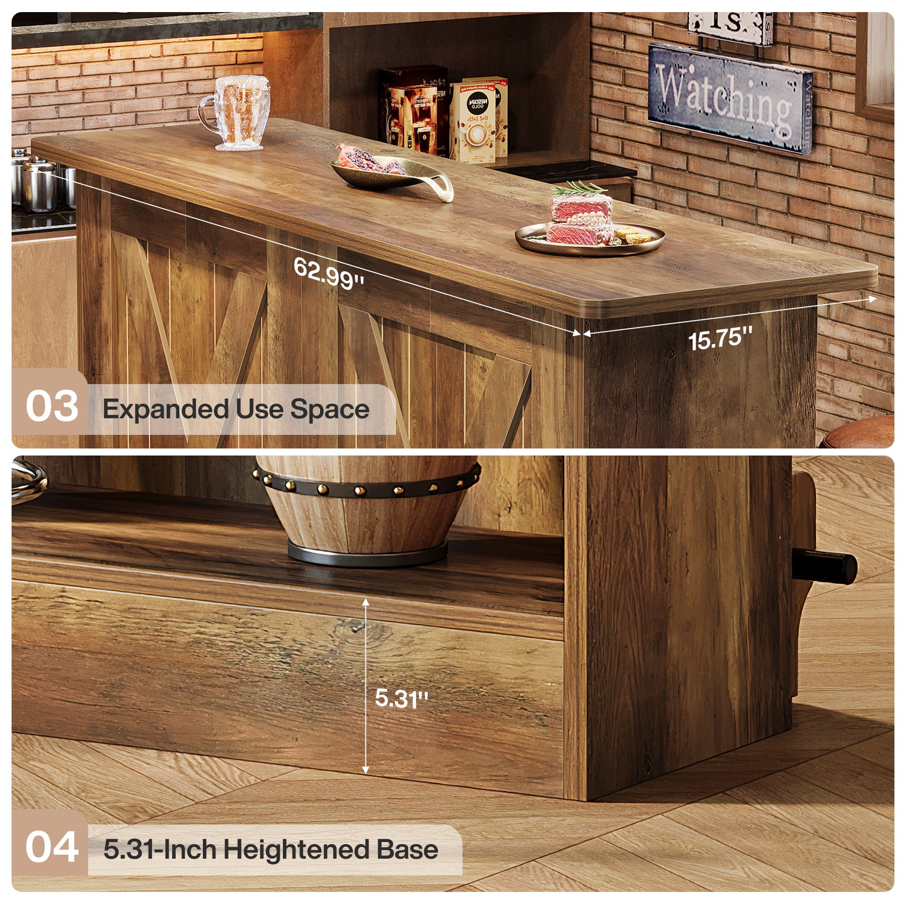 63" Home Bar Unit, 2-Tier  Bar Table Coffee Cabinet with Footrest