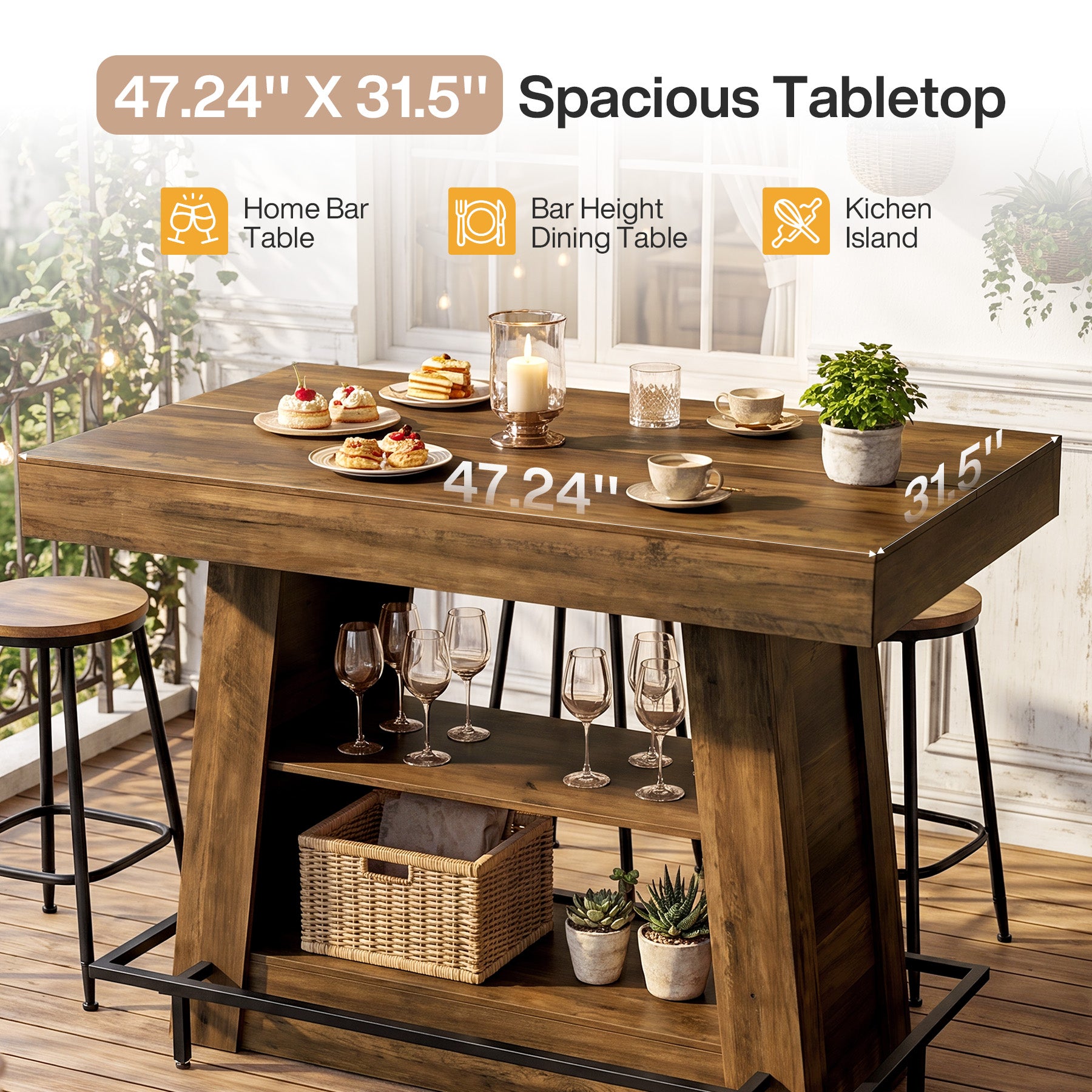 47.2" Rectangular Bar Table, Counter Height Bistro Table with 2-Tier Open Storage Shelves