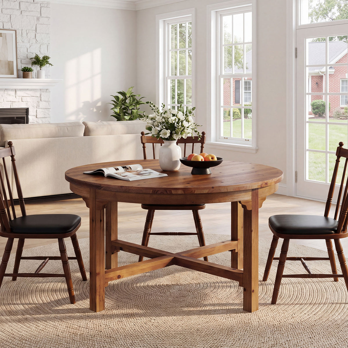 Solid Wood Round Dining Table, 47" Farmhouse Kitchen Table with Cross Base for 4