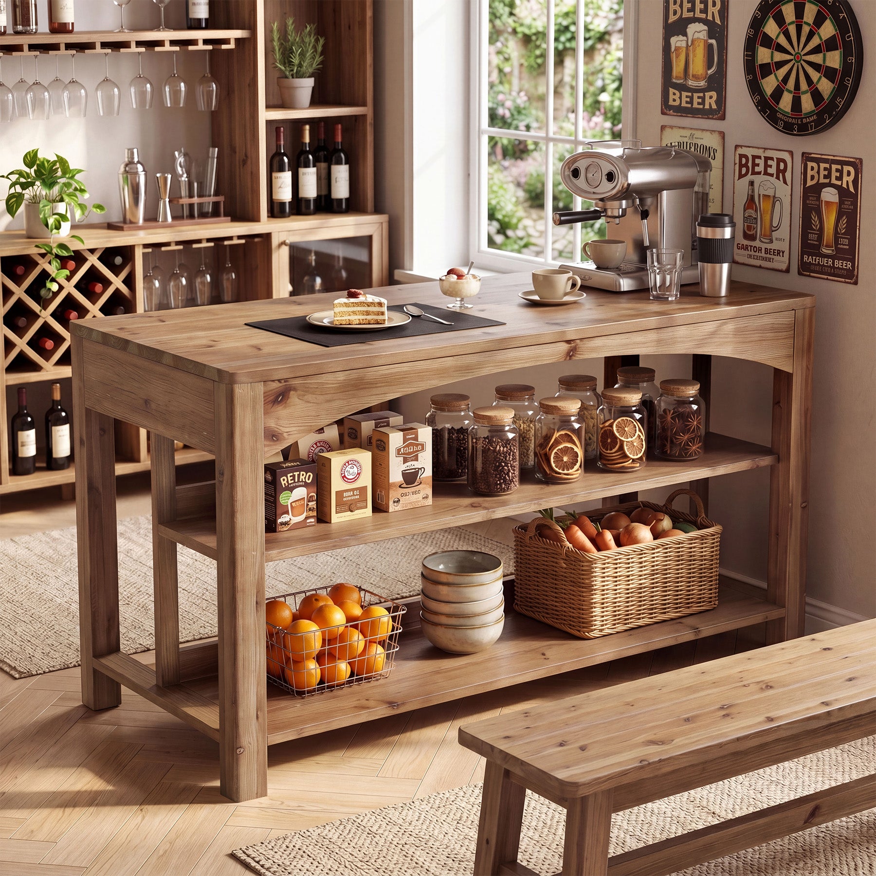 Tribesigns 59-Inch Kitchen Island, Solid Wood Island Table with 3-Tier Storage for Kitchen Dining Room