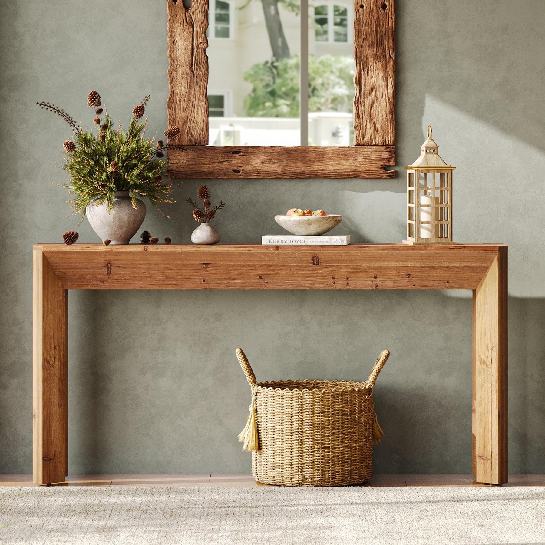 Solid Wood Console Table, 63" Entryway Table with Integrated Splayed Legs