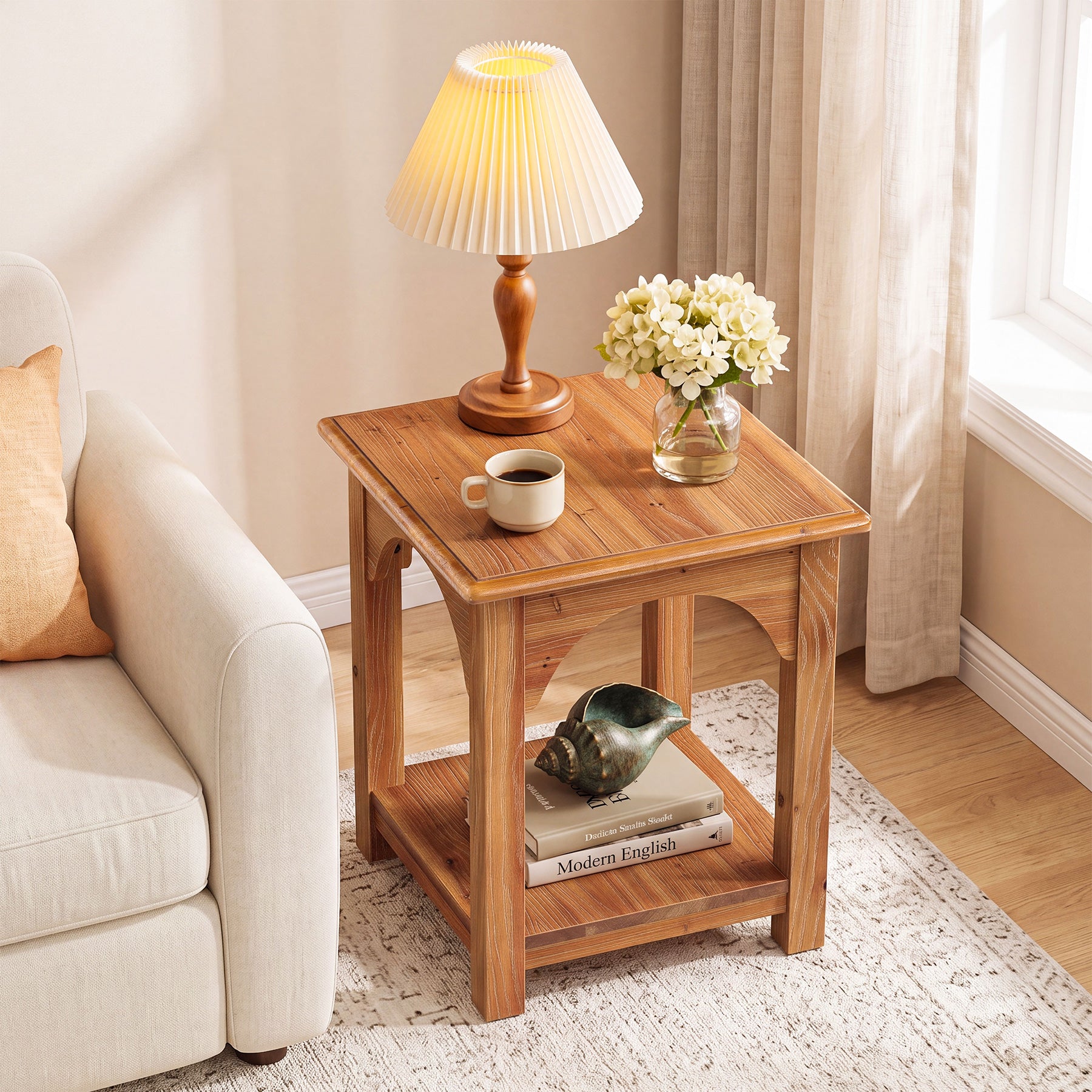 Farmhouse End Table with Storage, Solid Fir Wood 2-Tier Side Table, Living Room