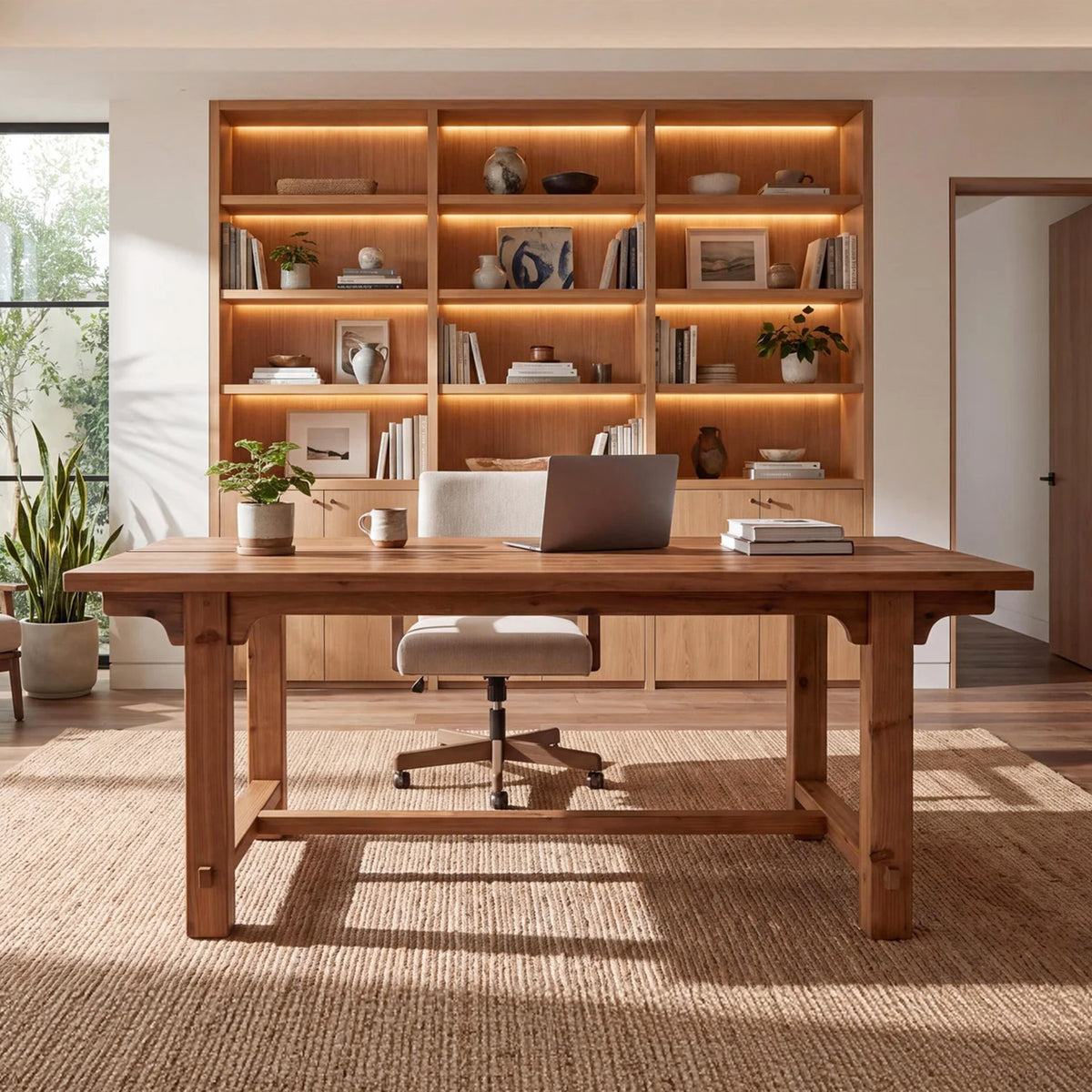 63" Solid Wood Executive Desk, Farmhouse Computer Desk with Thick Trestle Legs for Home Office