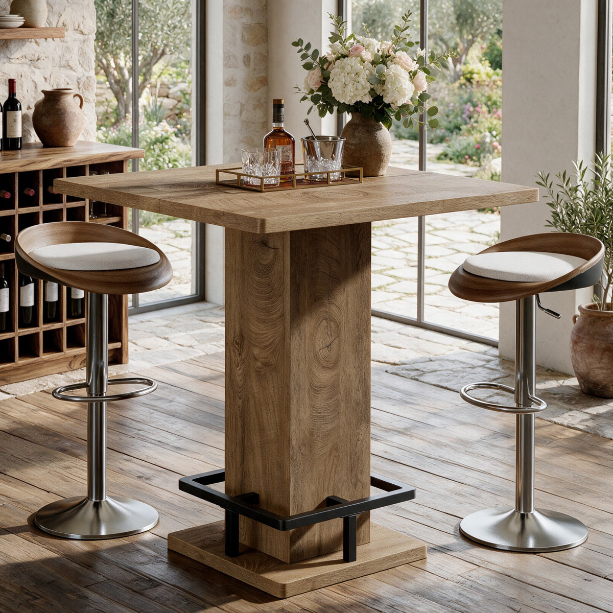 31.5" Square Bar Table, Pedestal Base & Built-in Footrest, Pub Table Home Bar Kitchen