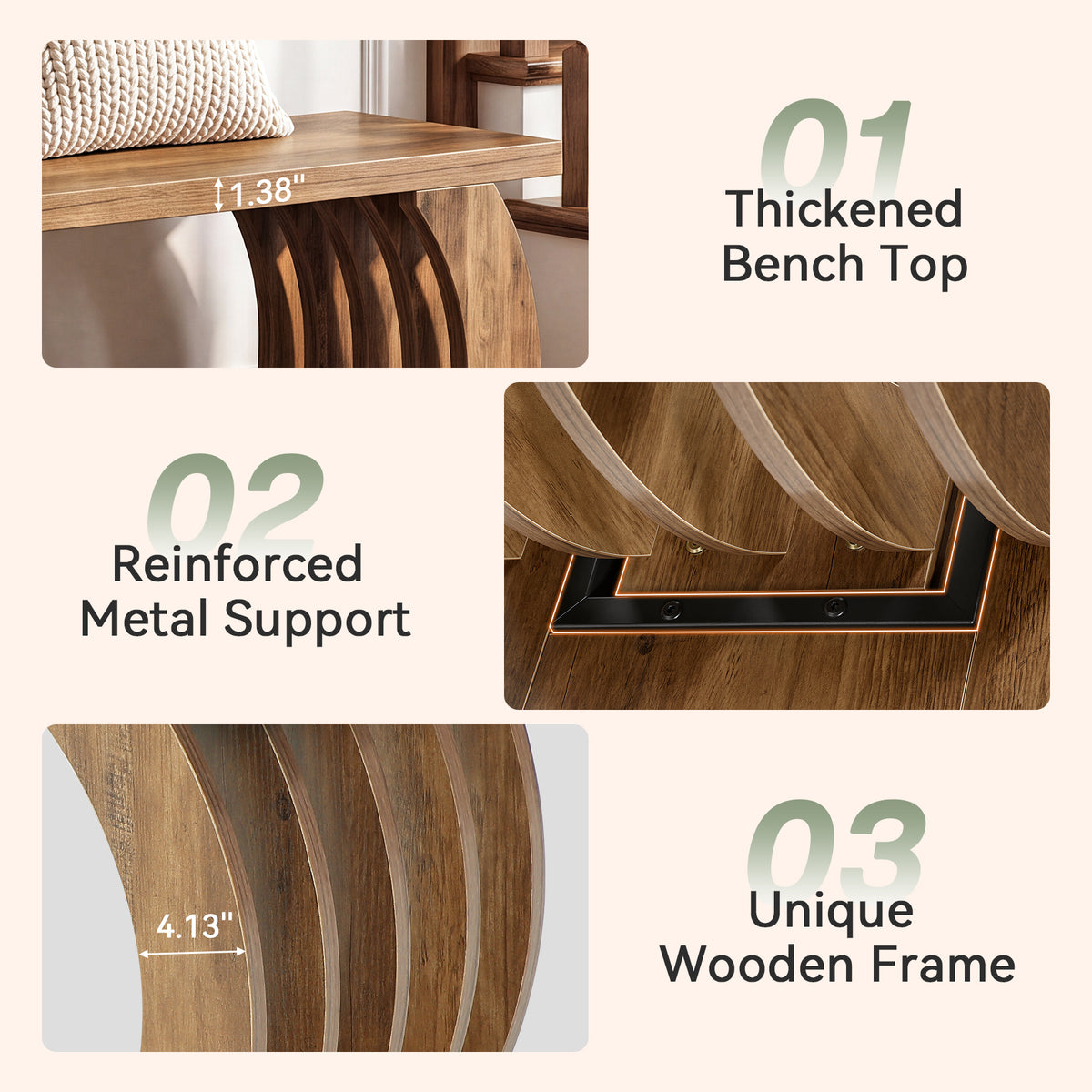 63" Farmhouse Entryway Bench with Shoe Storage, 2-Tier Hollow Legs