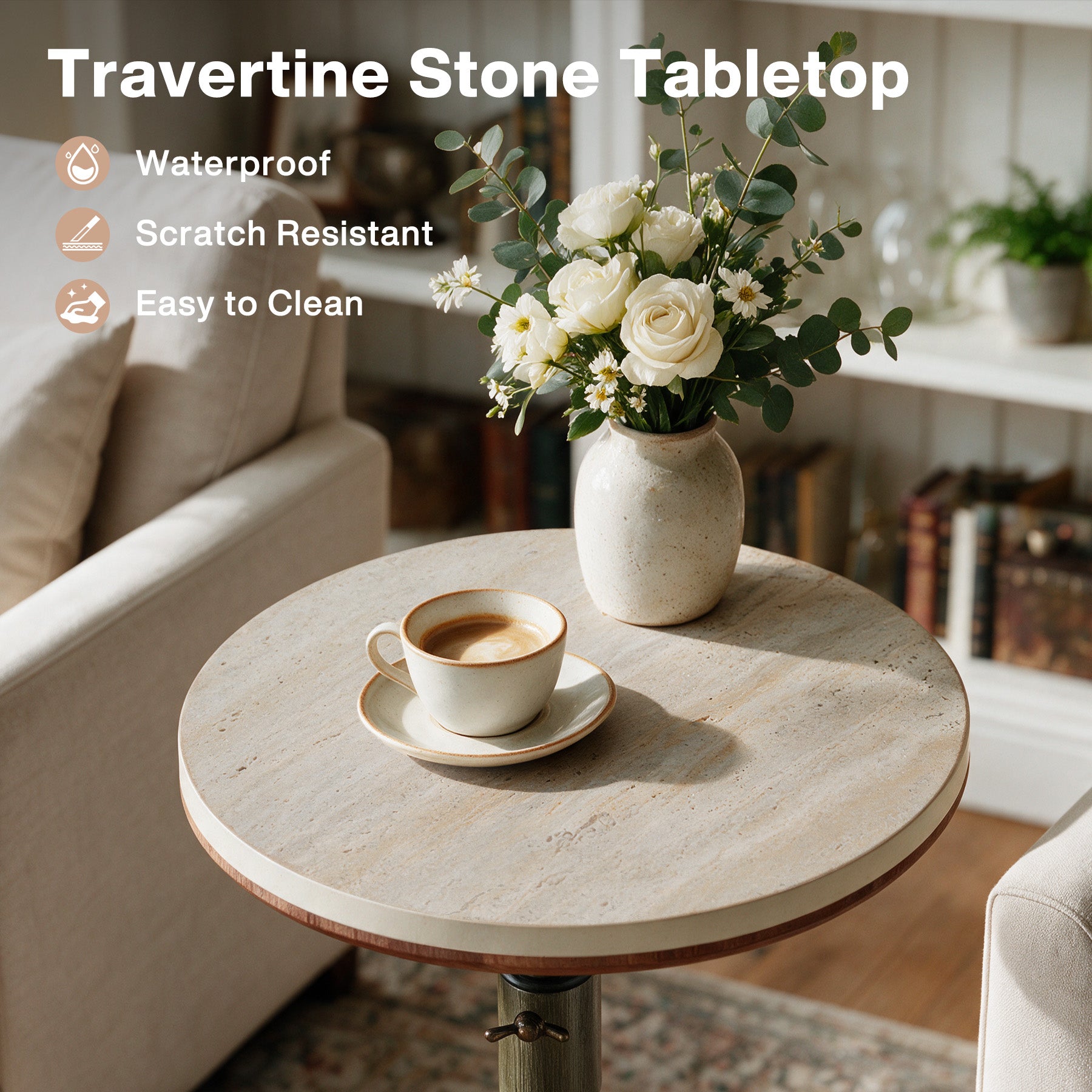 Adjustable-Height End Table with Travertine Top and Antique Brass Stand Base