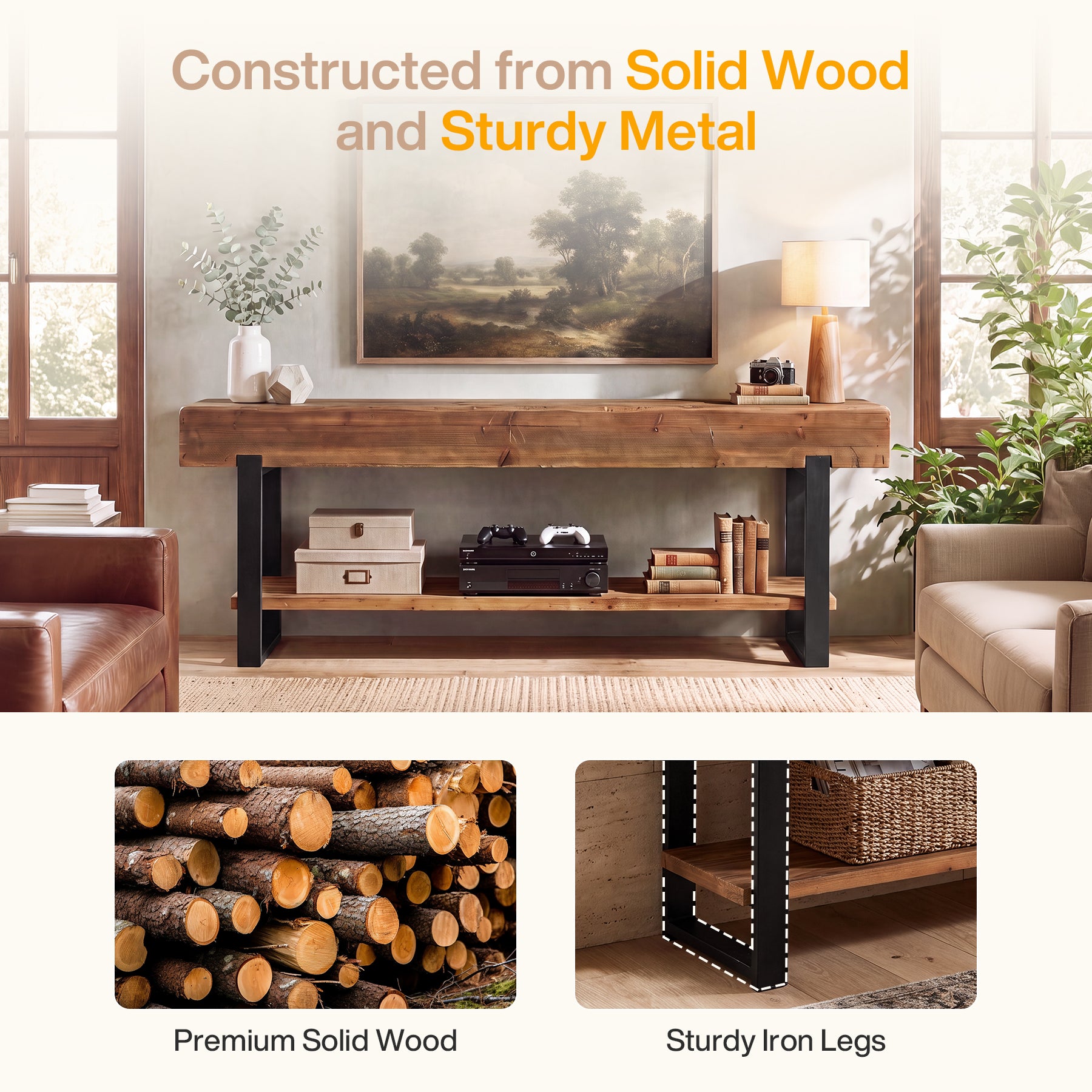 63" Solid Wood TV Stand for 55-75" TVs, 2-Tier Entertainment Center with Metal Frame