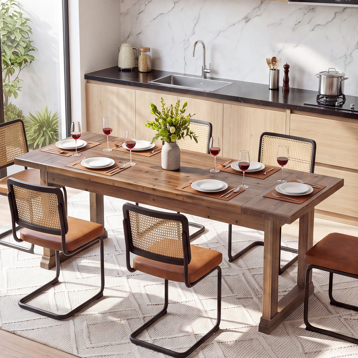 87" Farmhouse Solid Wood Dining Table, Rectangular Kitchen Table with Trestle Base