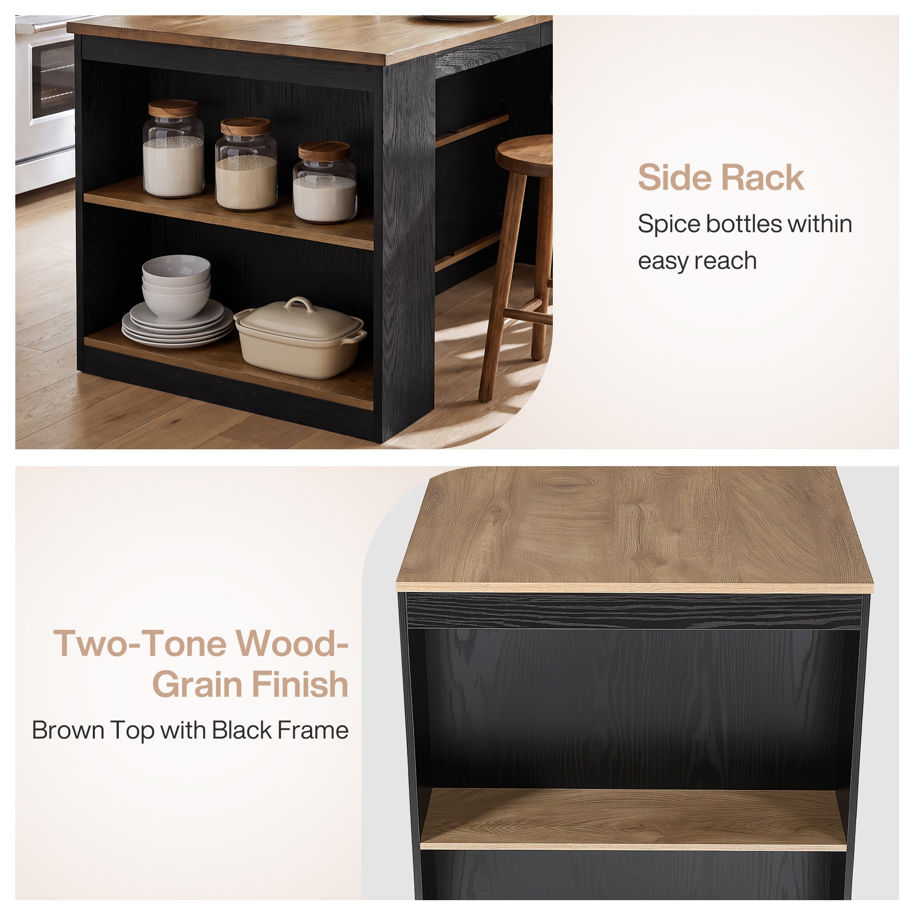 55" Two-Tone Kitchen Island with Storage Shelves, Large Worktop Dining Table