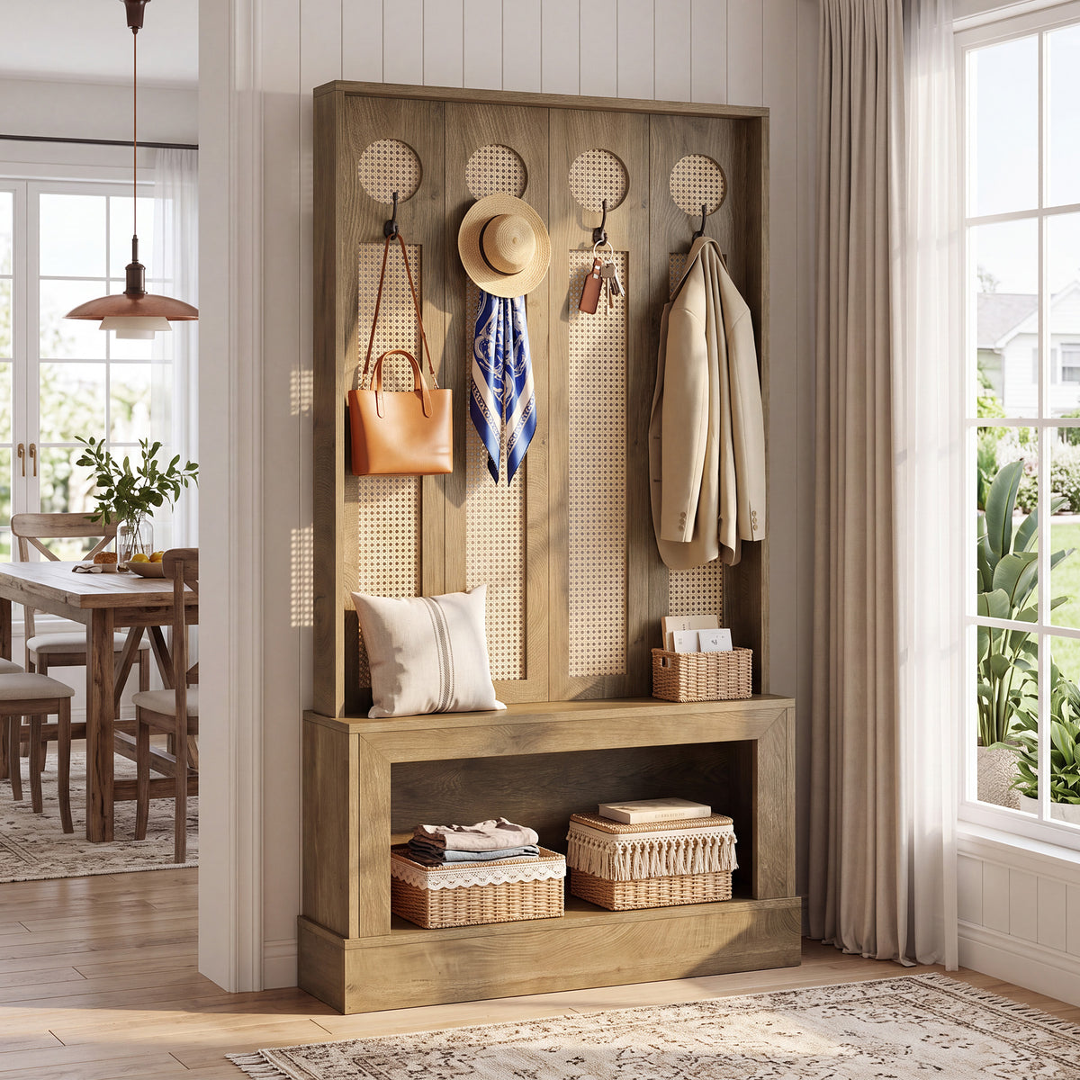 69.7" Hall Tree with Shoe Storage, Rattan Coat Rack with LED Light, 4 Hooks for Hallway