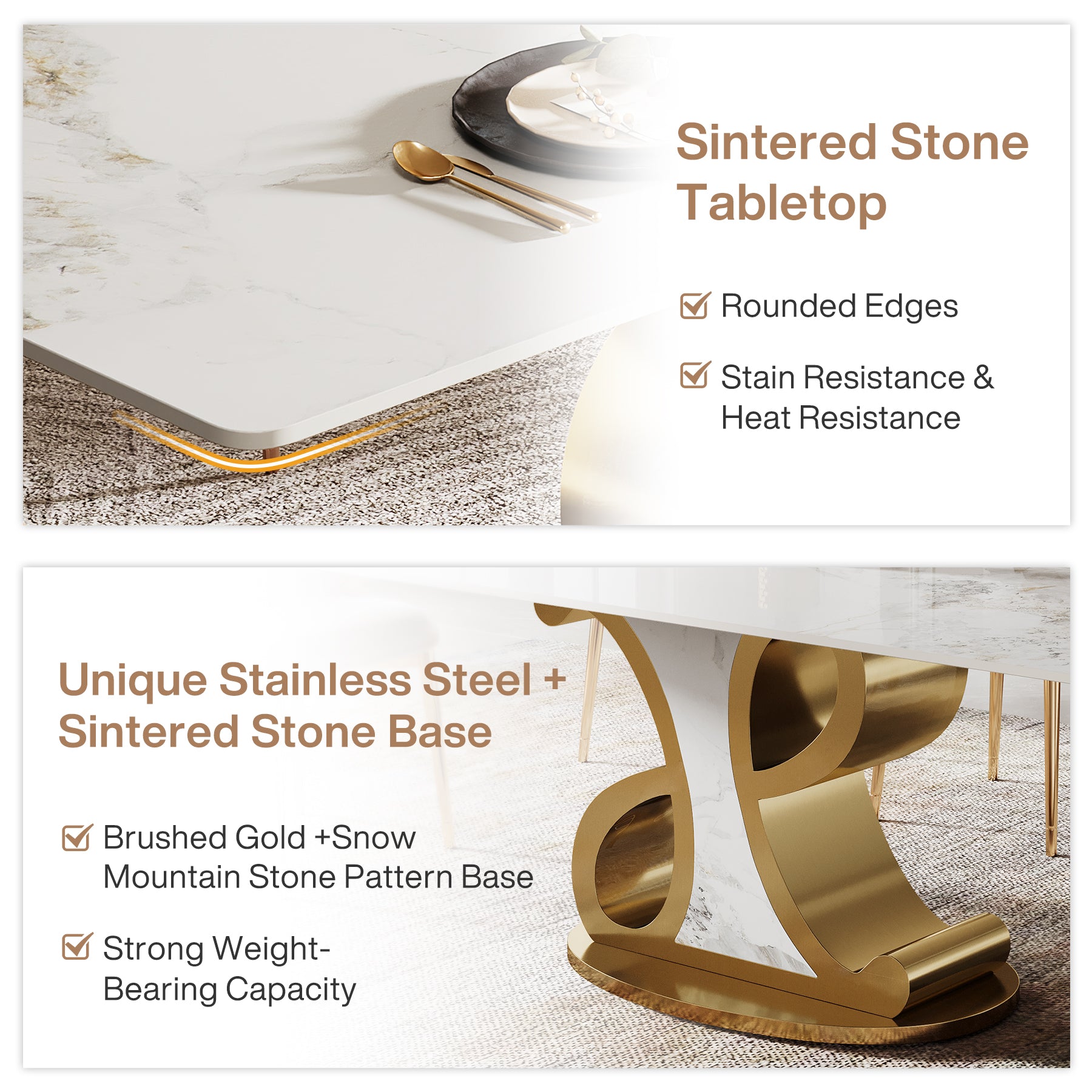 78.7" Sintered Stone Dining Table, Luxury Kitchen Table with Stainless Steel Base for 8-10