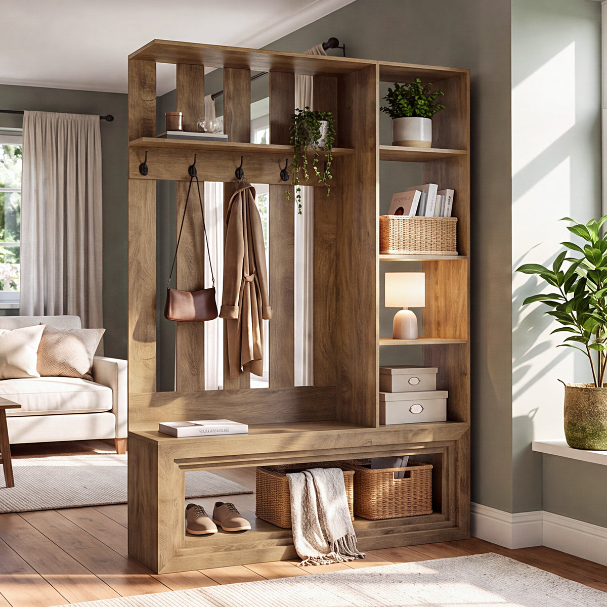 70.9" Room Divider, Farmhouse Wall Partition with Storage Shelves, 5 Hooks & Shoe Bench