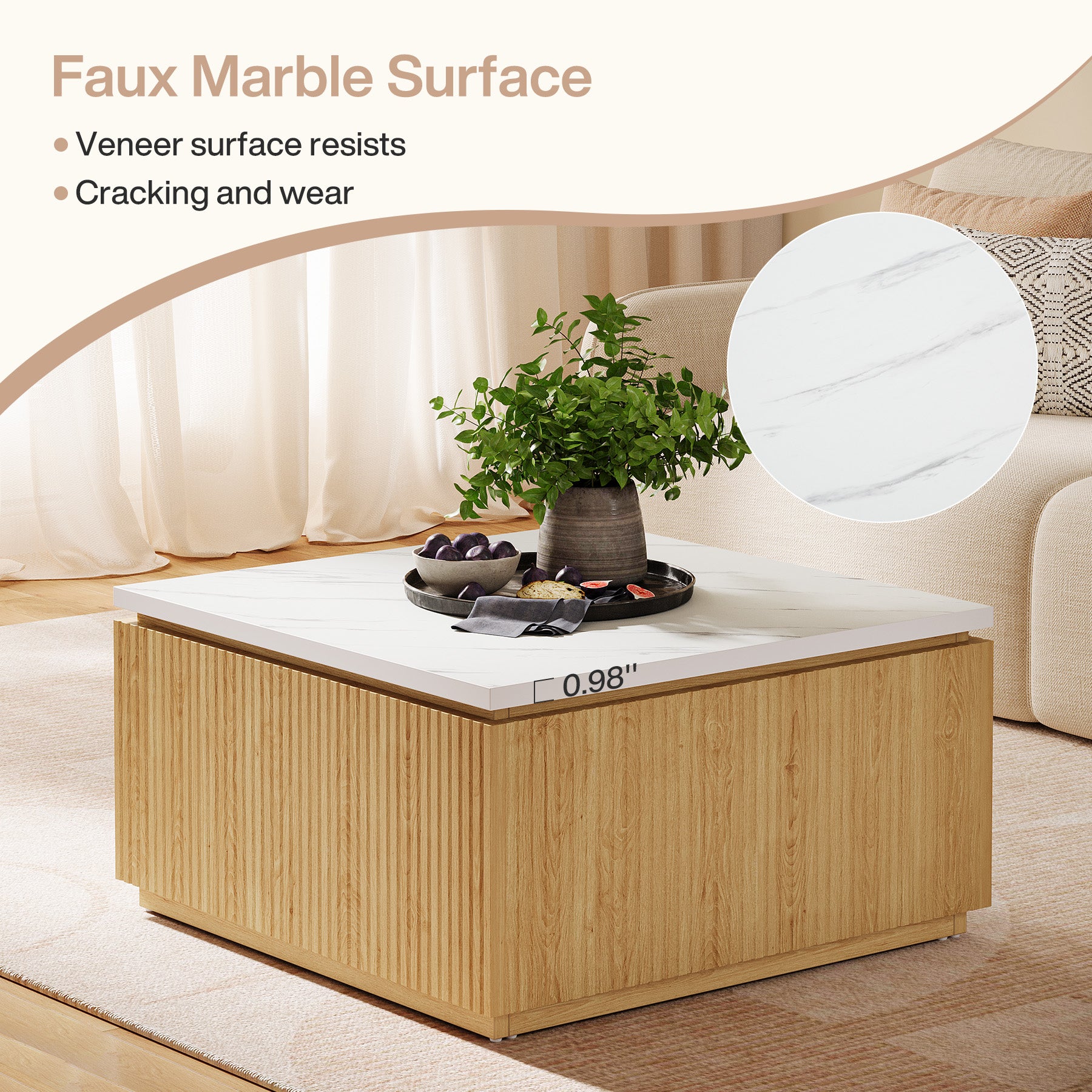 31.5" Square Coffee Table, Modern Center Table with Faux Marble Top