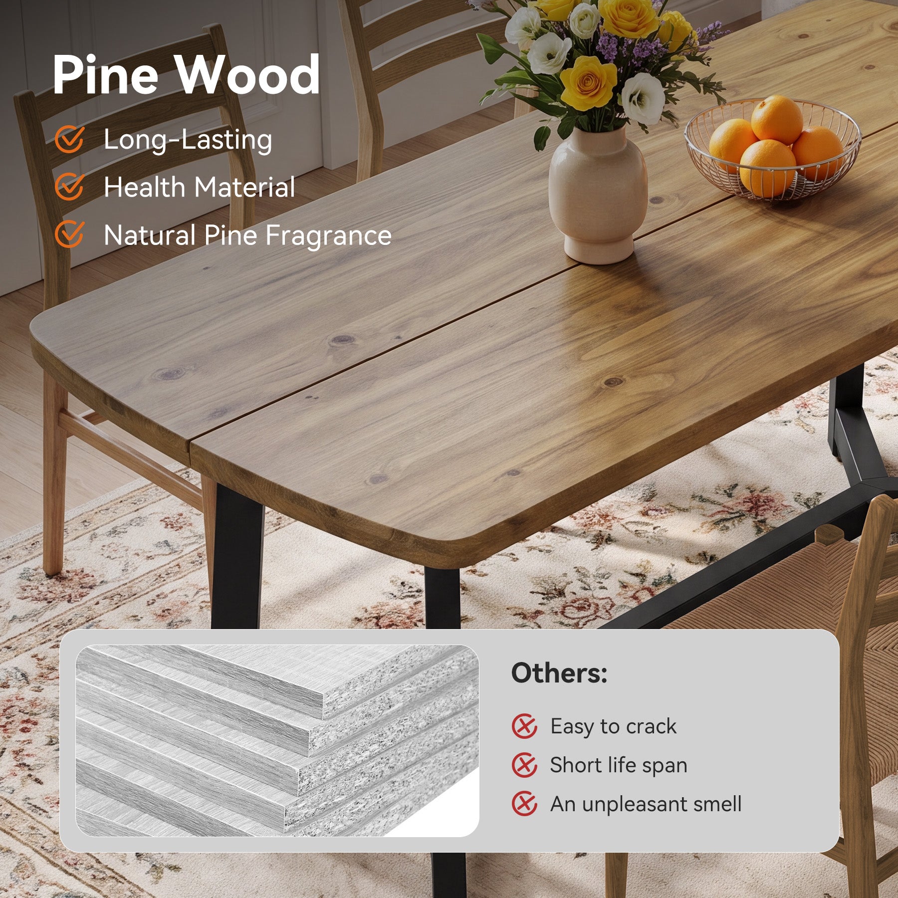63" Farmhouse Dining Table, Pine Wood Rectangular Kitchen Table for 4-6(Table Only)