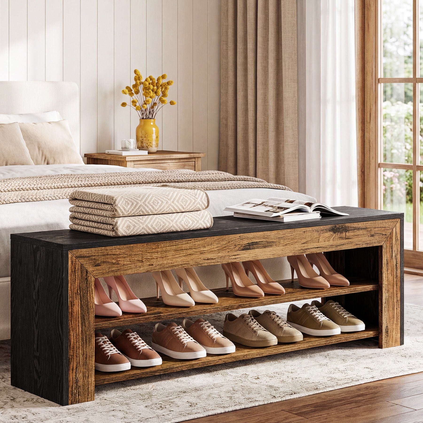63" Entryway Shoe Bench, 3-Tier End of Bed Bench with Storage Shelves for Hallway
