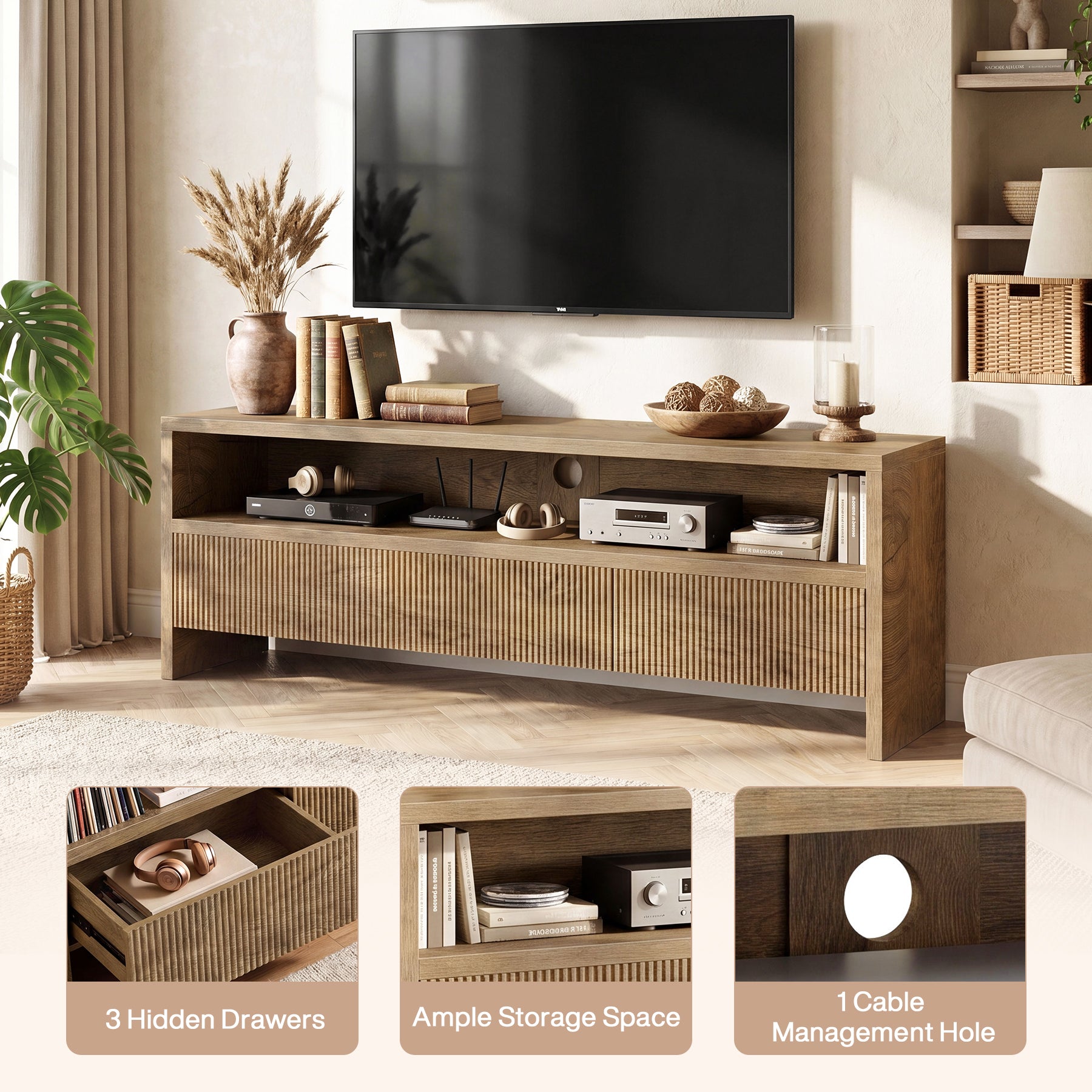 Tribesigns 63-Inch TV Stand with 3 Drawers and Open Shelves, Farmhouse Media Console for Living Room