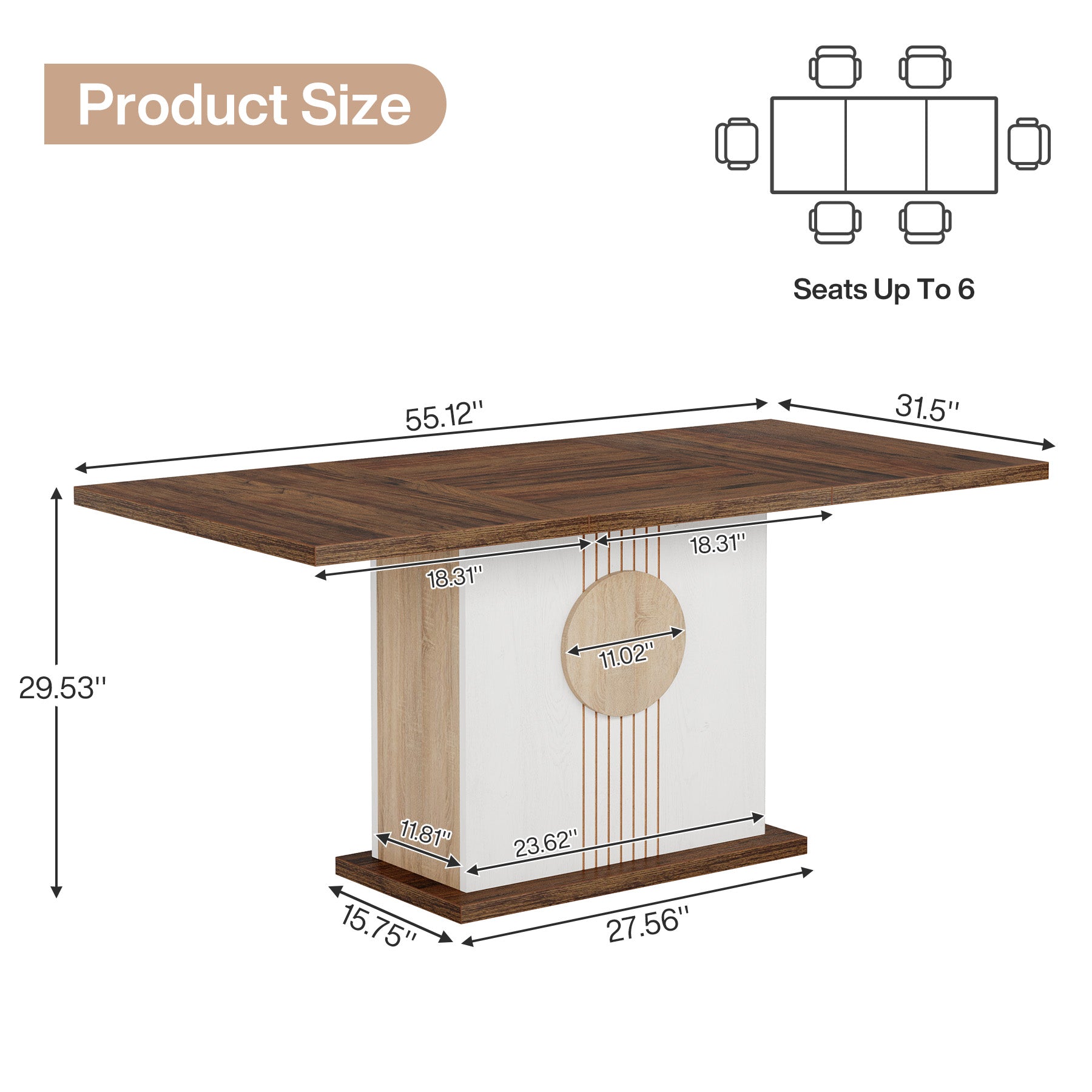 55" Rectangular Dining Table for 4–6 People, Farmhouse Wood Kitchen Table