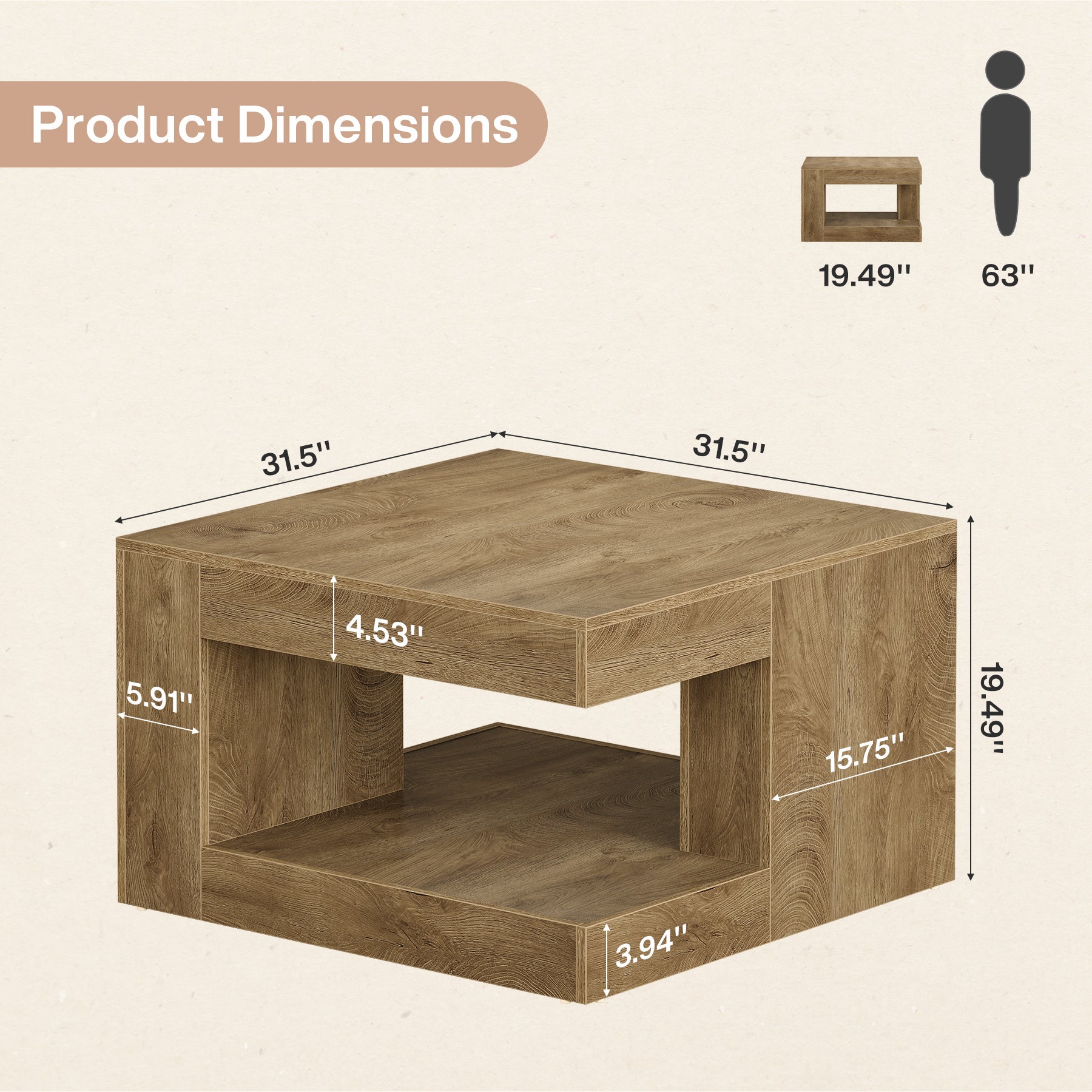 31.5" Square Coffee Table with Storage, 2-Tier Farmhouse Living Room Center Table