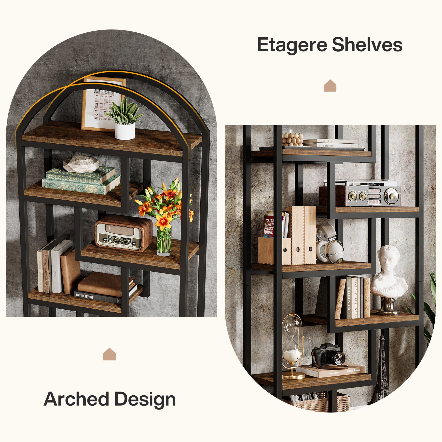 71" Industrial Bookshelf, Arched Bookcase with Open Display Shelves